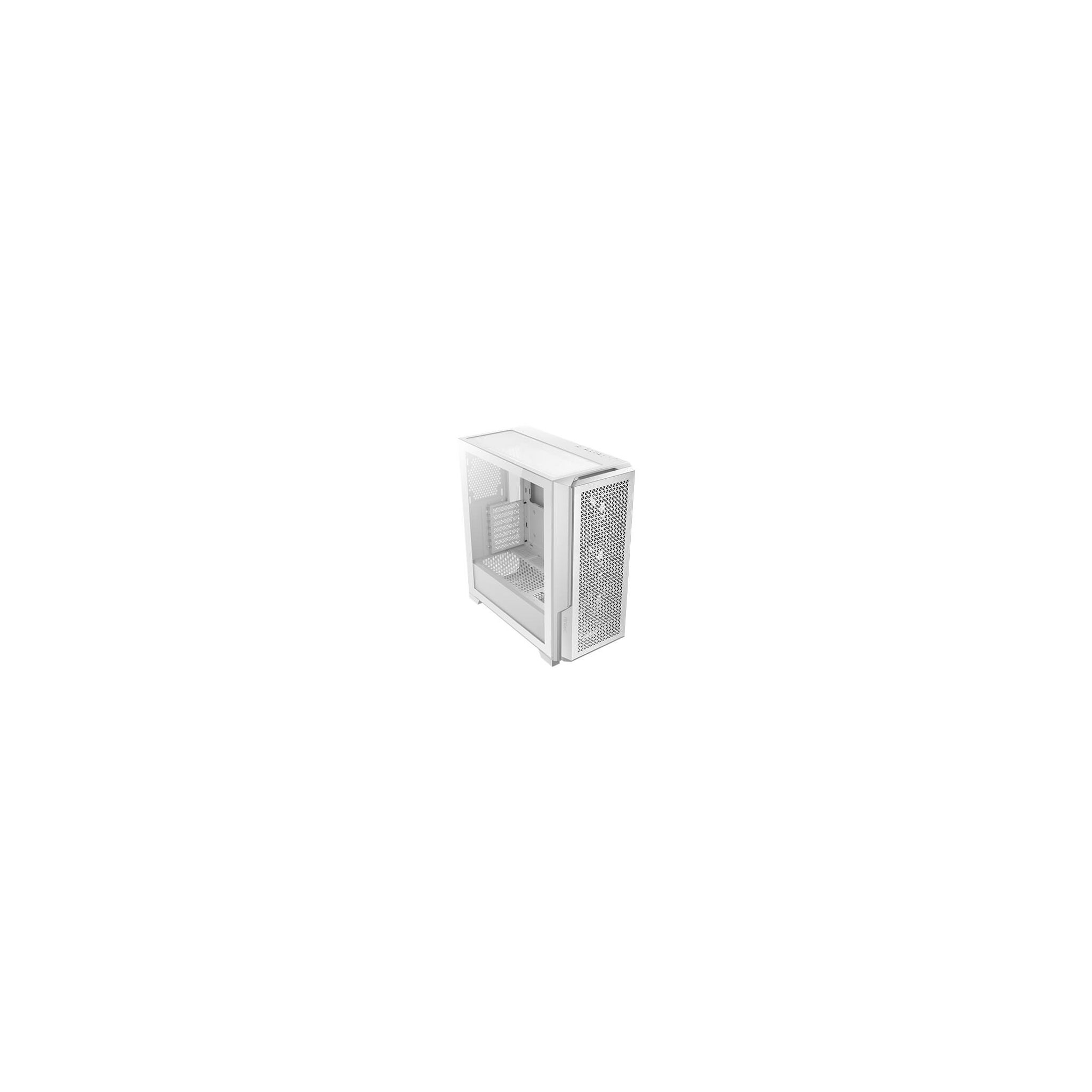 Een witte computerkast op een witte achtergrond. De kast staat schuin.