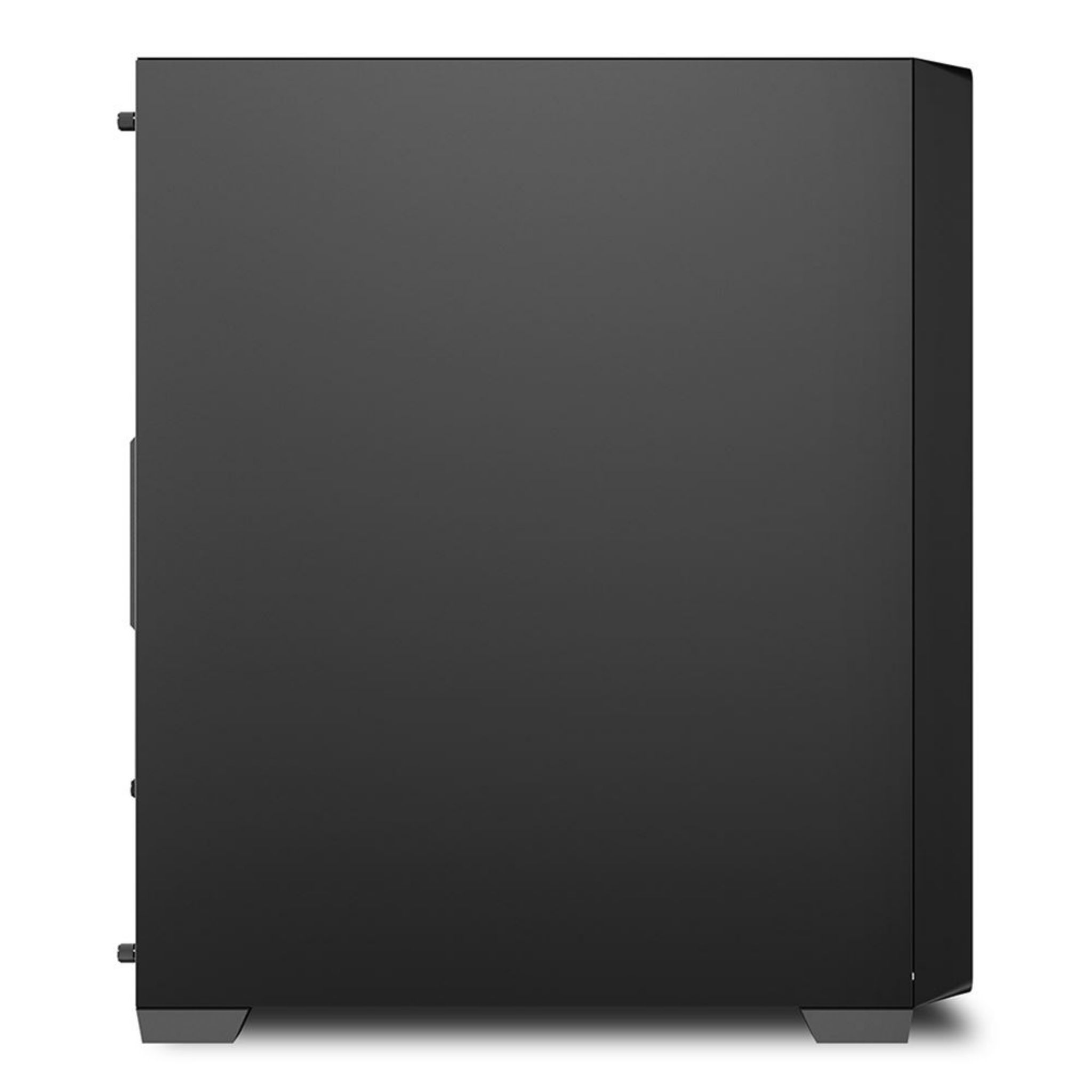 Een zwarte computerkast. Zijaanzicht, met een deur en een paar kleine knoppen.