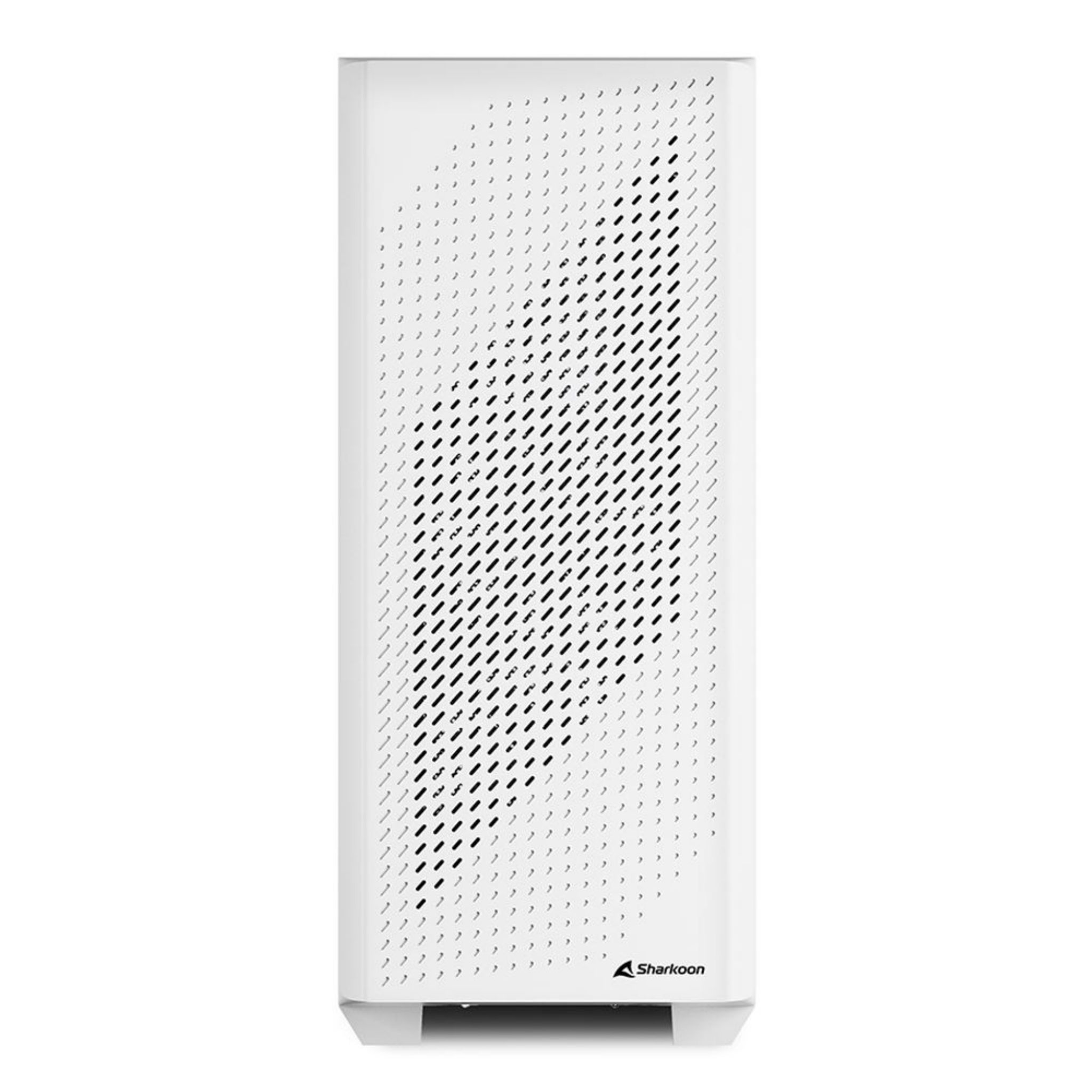 White computer case, front view. Case has a black pattern of diagonal lines and holes for air flow.