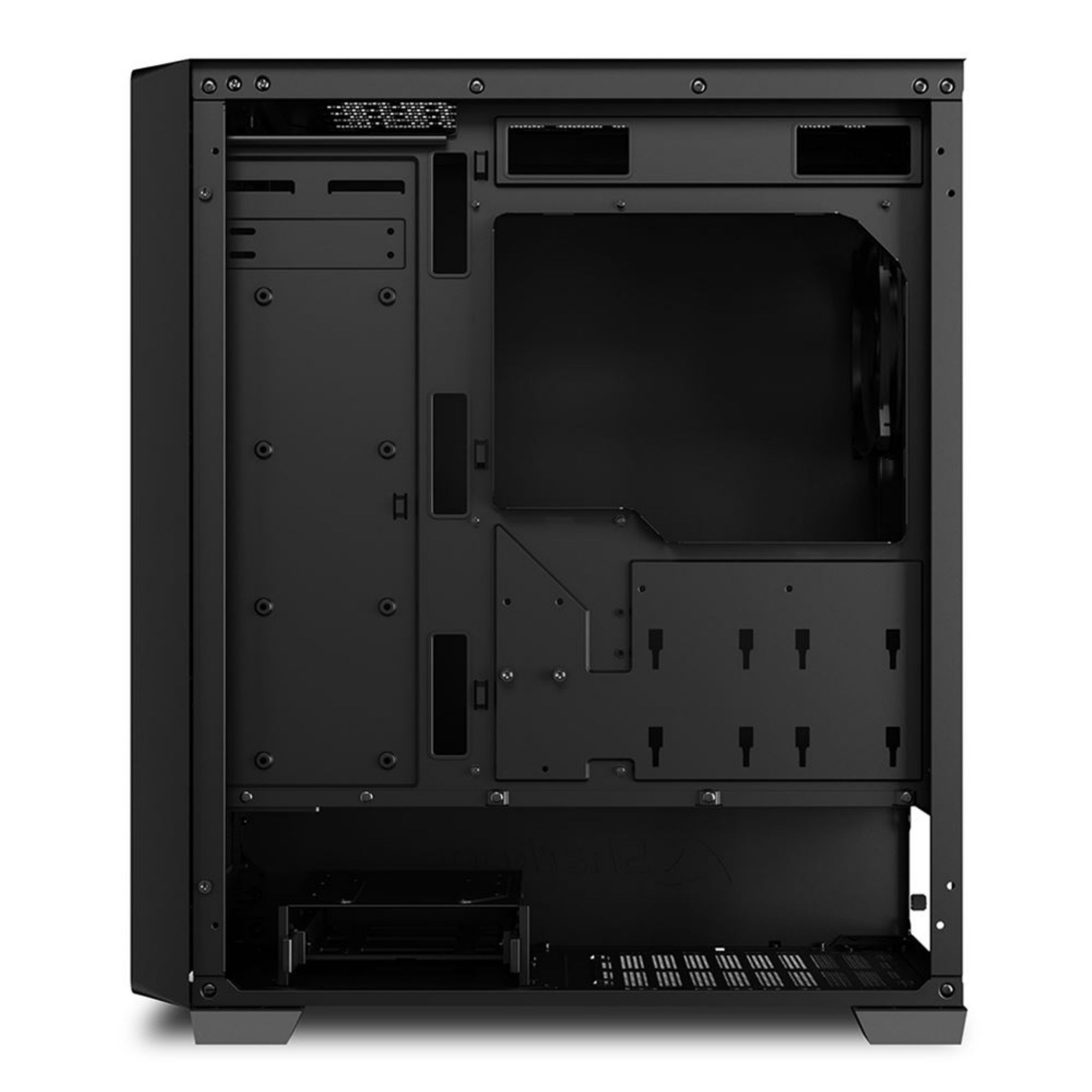 Binnenkant van een zwarte computerkast, met componenten en ruimte voor installatie.