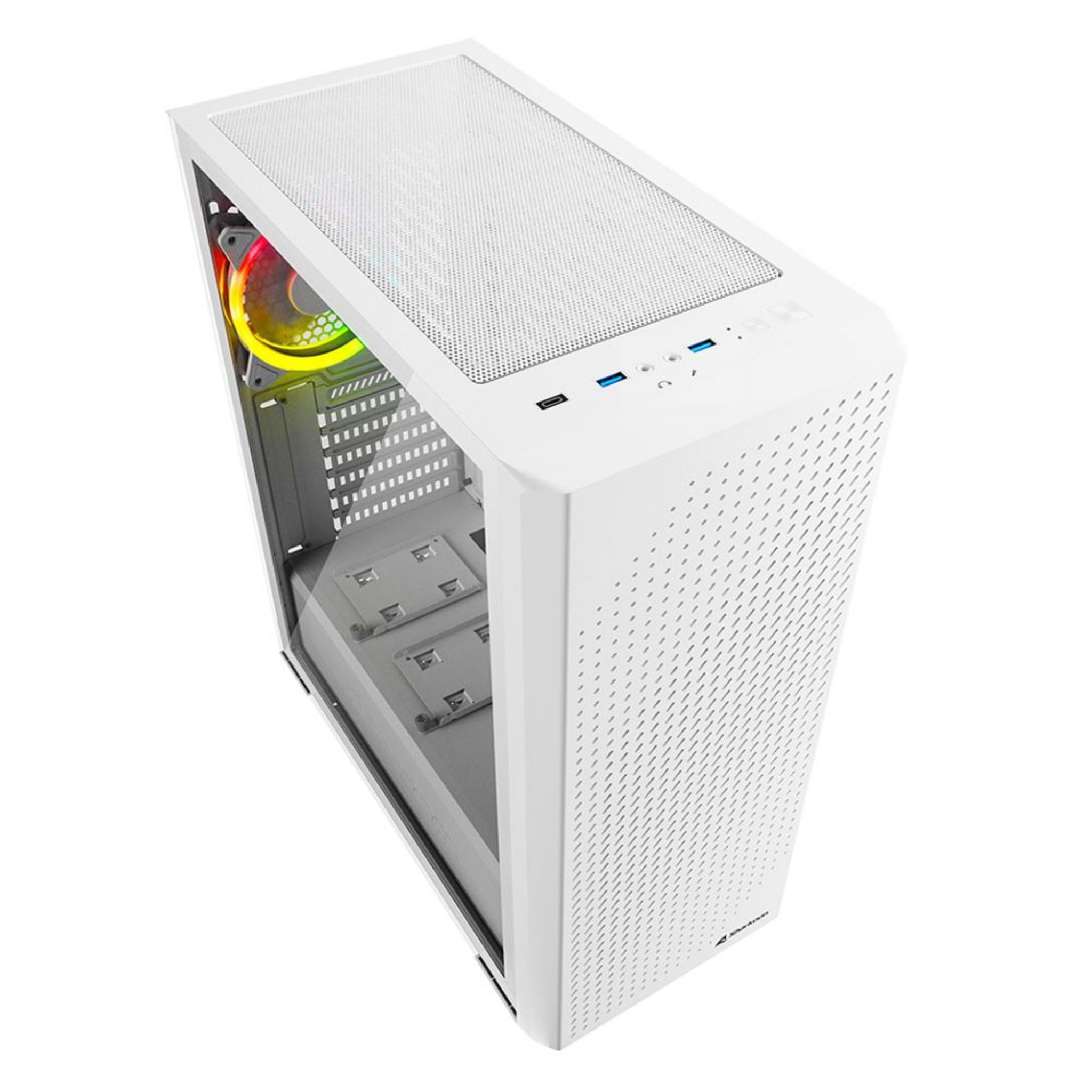 White computer case with a side panel open, showing internal components and fans.