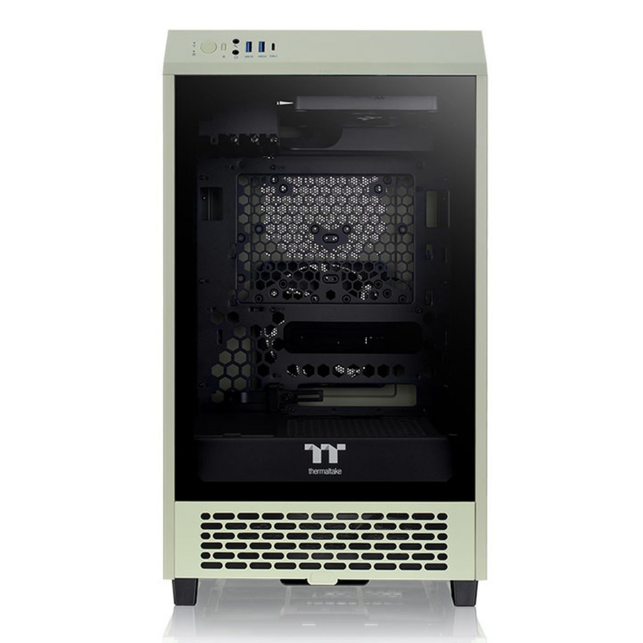 Computergehäuse, hellgrün, mit sichtbaren internen Komponenten.