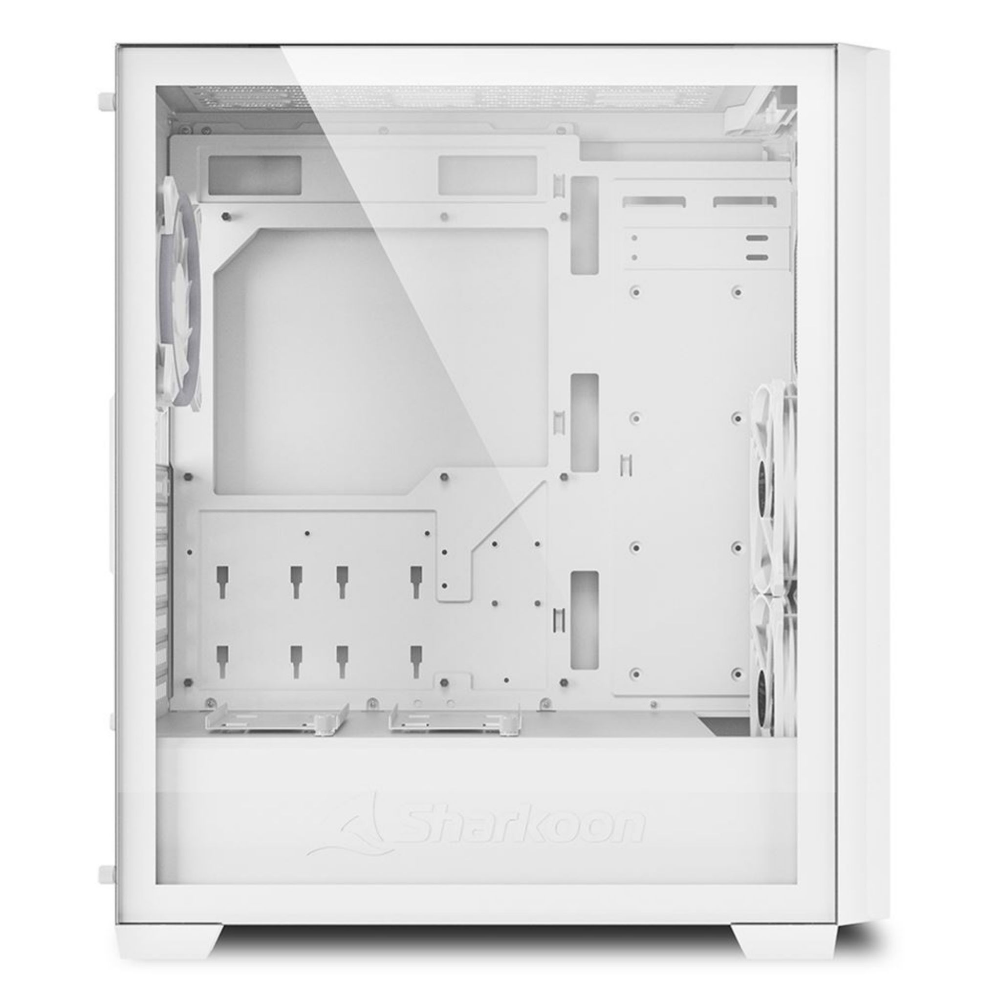 White computer case, empty inside, with glass panel and fans.