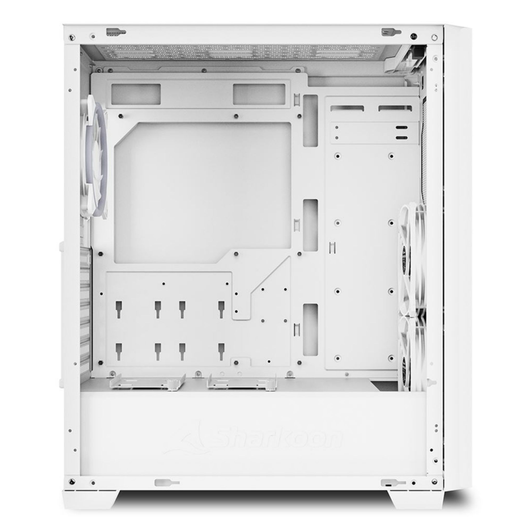 White computer case interior, showing various mounting points and fan placements.