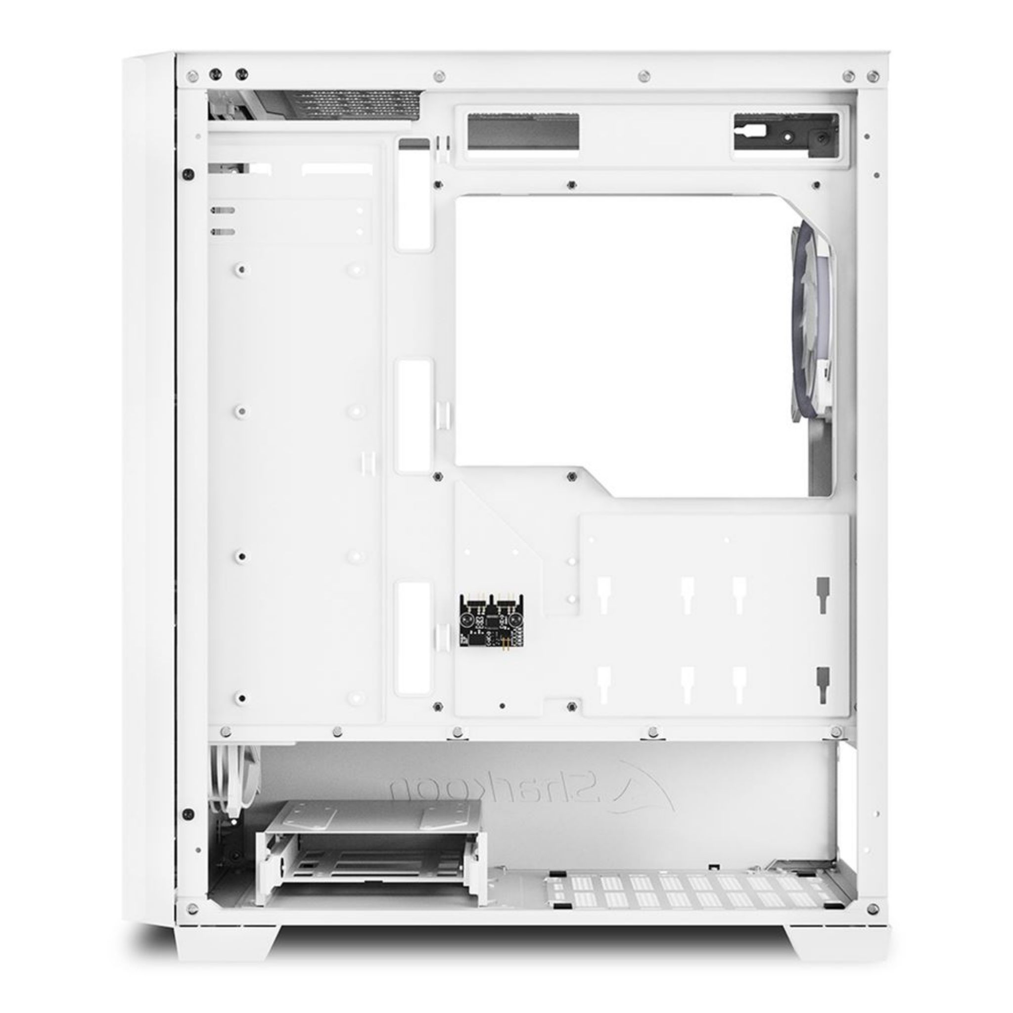 An empty white computer case. It is open, showing the inside with space for components.