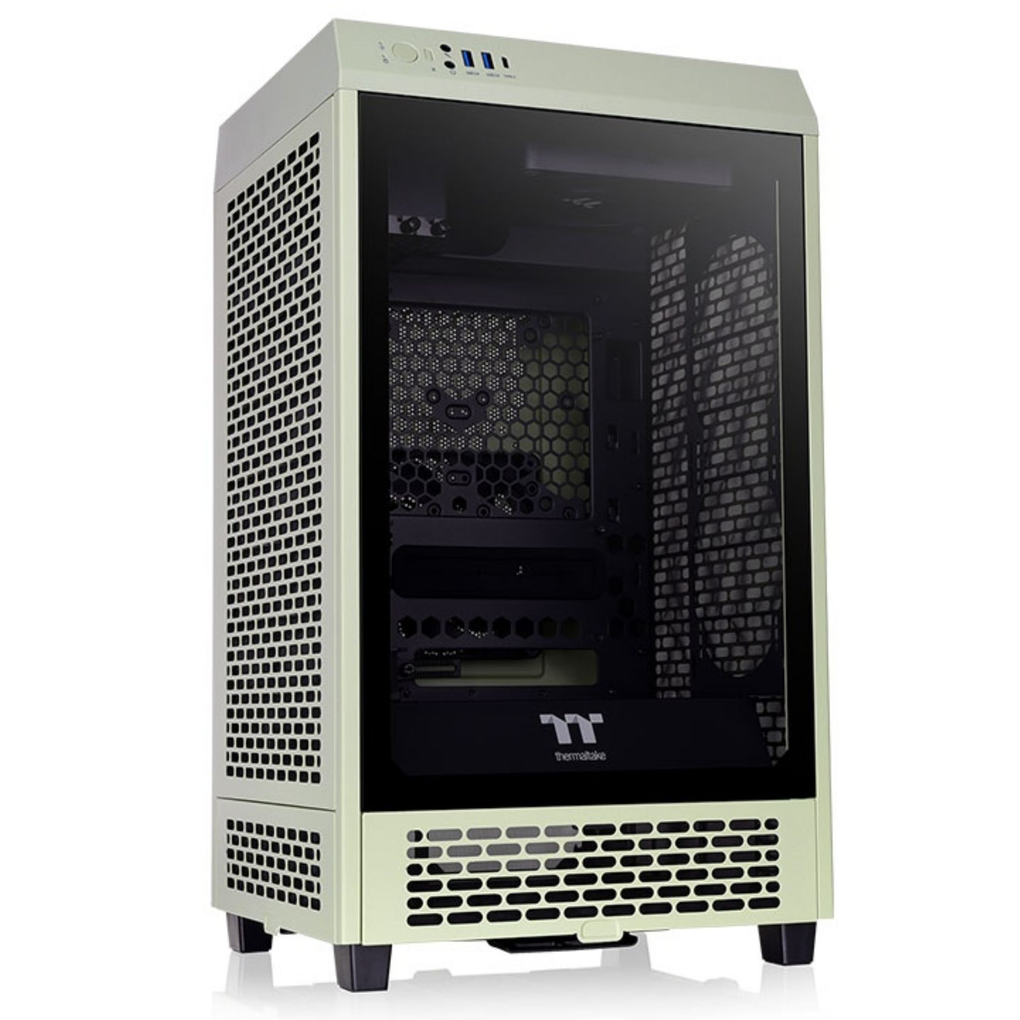 Ein hellgrünes Computergehäuse mit einer Glasseitenwand. Es hat ein schwarzes Innere und ein modernes Design.