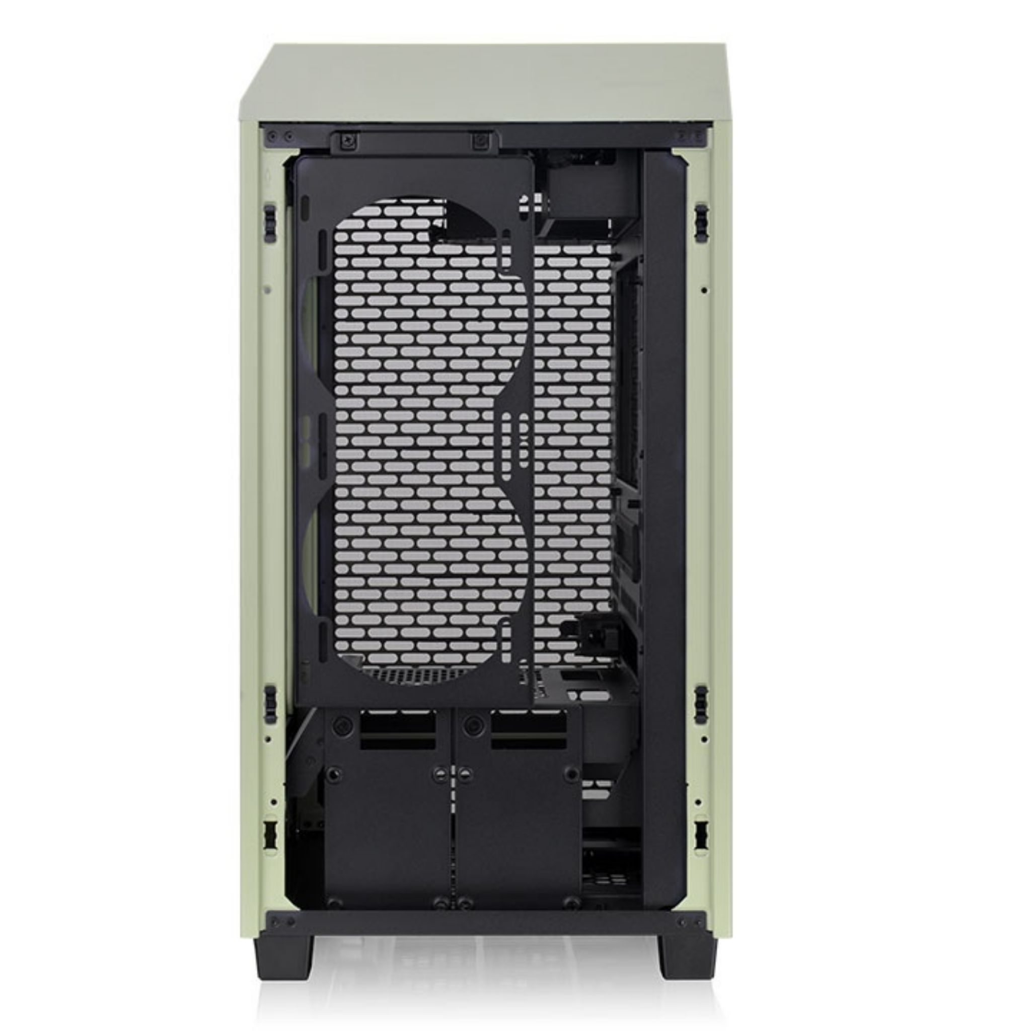 Hellgrünes Computergehäuse, geöffnet, zeigt Innenteile.