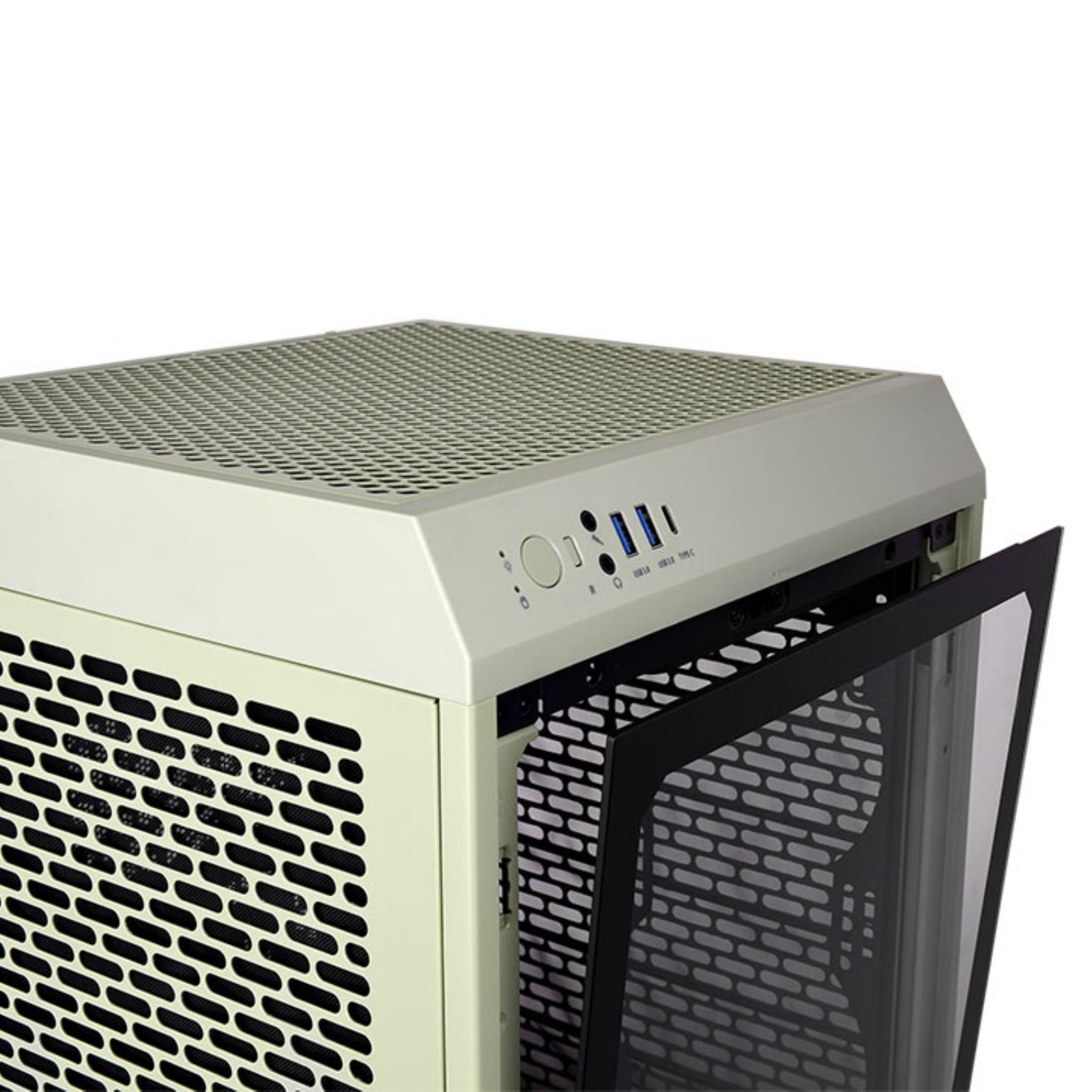 Ein Computergehäuse, größtenteils beige mit schwarzem Mesh und einer Glas-Seitenwand.