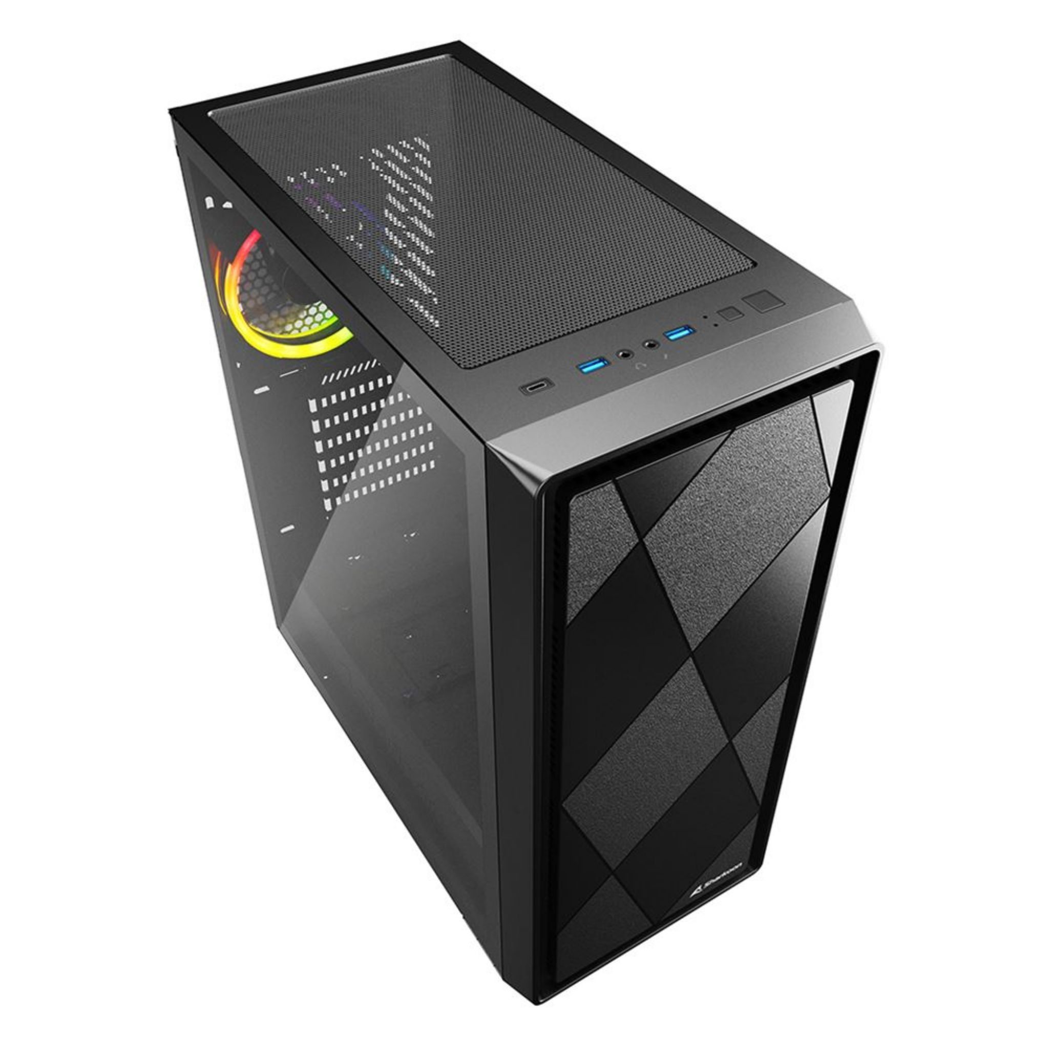 Black computer case. The front has a diamond pattern. The side has a glass panel showing the inside.