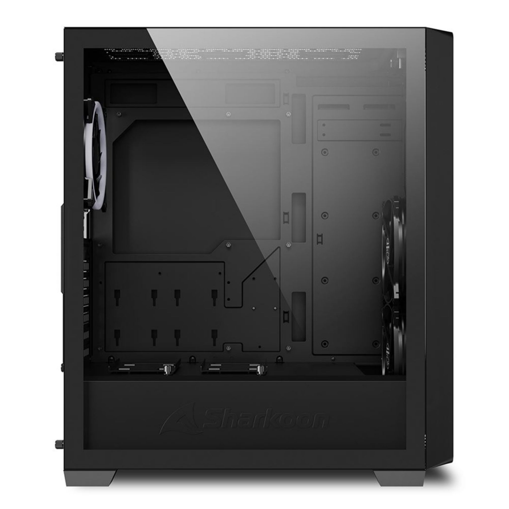 Black computer case. The side panel is transparent. Inside, there are empty spaces for components. Black background.