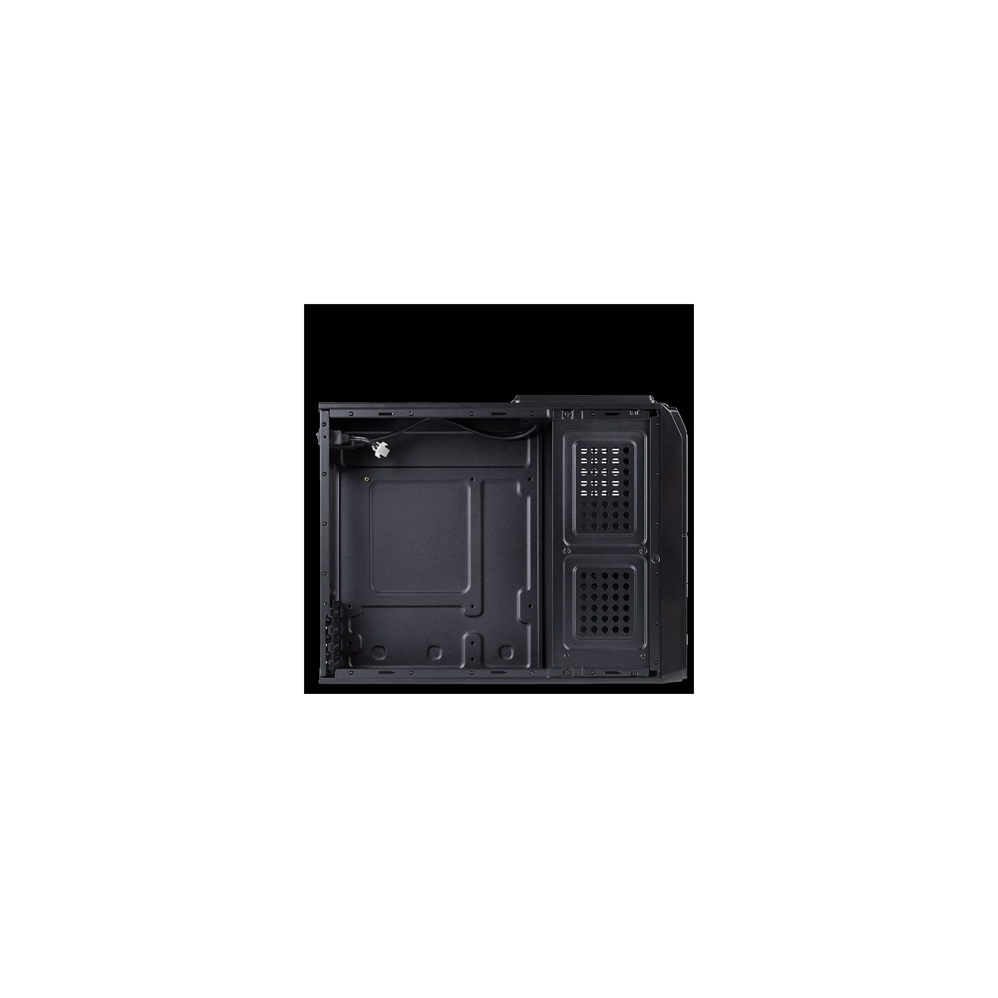 Interno del case del computer nero. Fori per componenti e un cavo. Sfondo nero.
