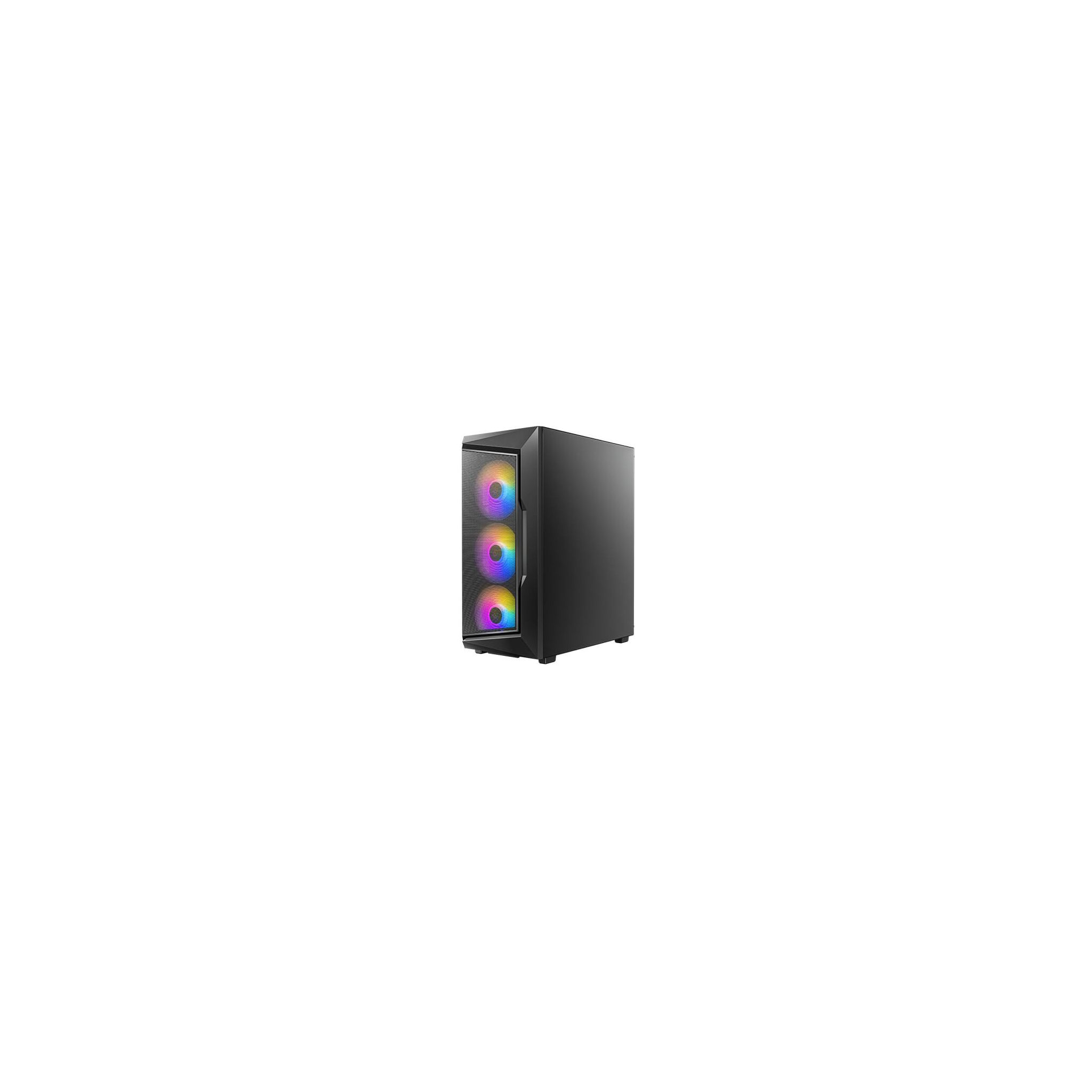 Zwarte computerkast met drie RGB-ventilatoren op een witte achtergrond.