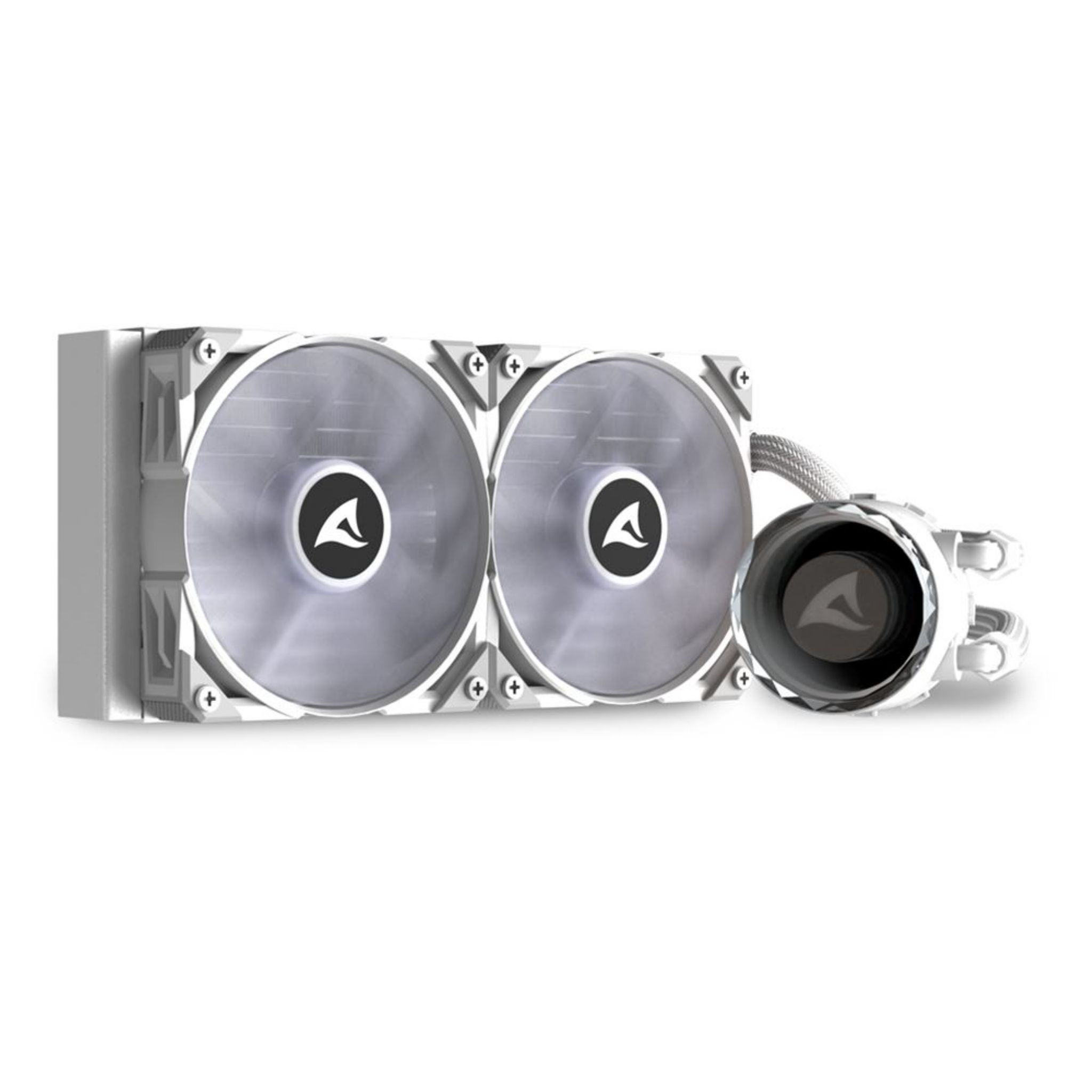 Sistema de refrigeración de computadora blanco con dos ventiladores y un componente de refrigeración por agua.