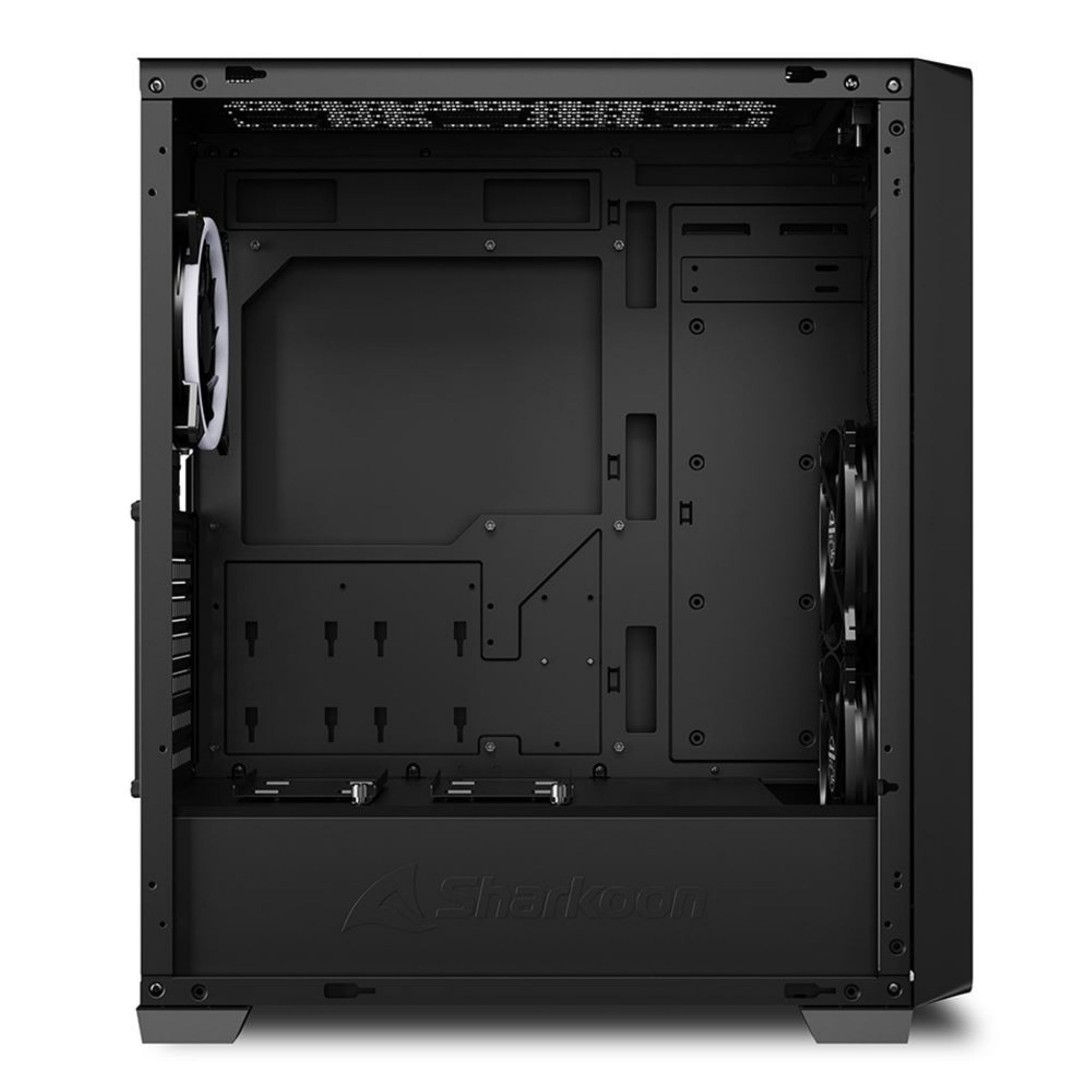 Black computer case. Inside view with fan, mounting points, and openings. Isolated on white.
