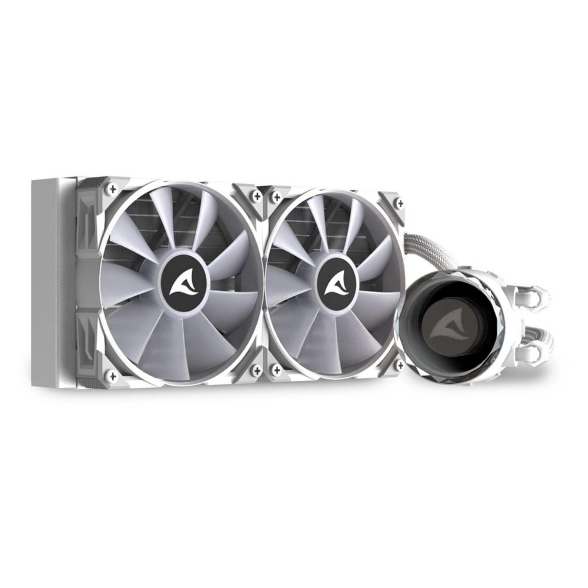 Sistema de refrigeración blanco con dos ventiladores y componente cilíndrico.