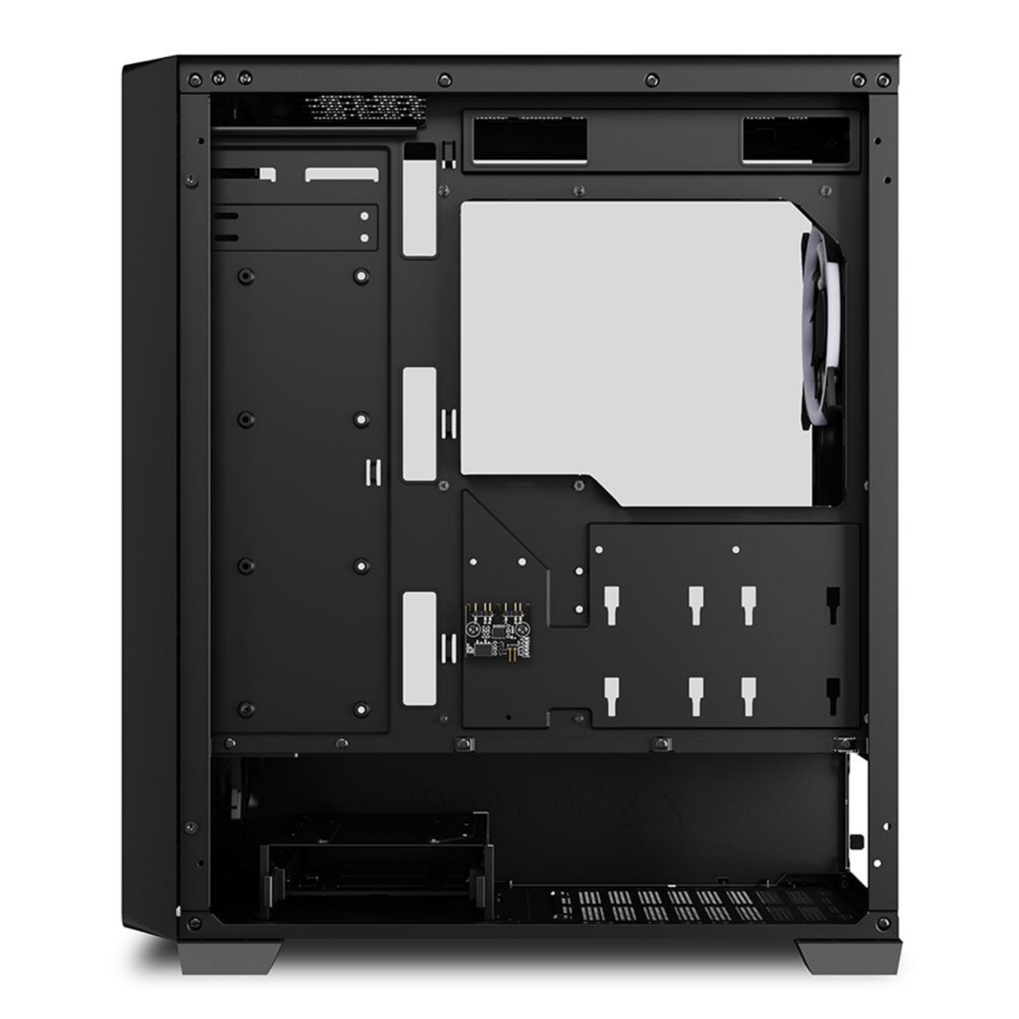 An empty computer case, showing the interior with slots and mounting points for components.