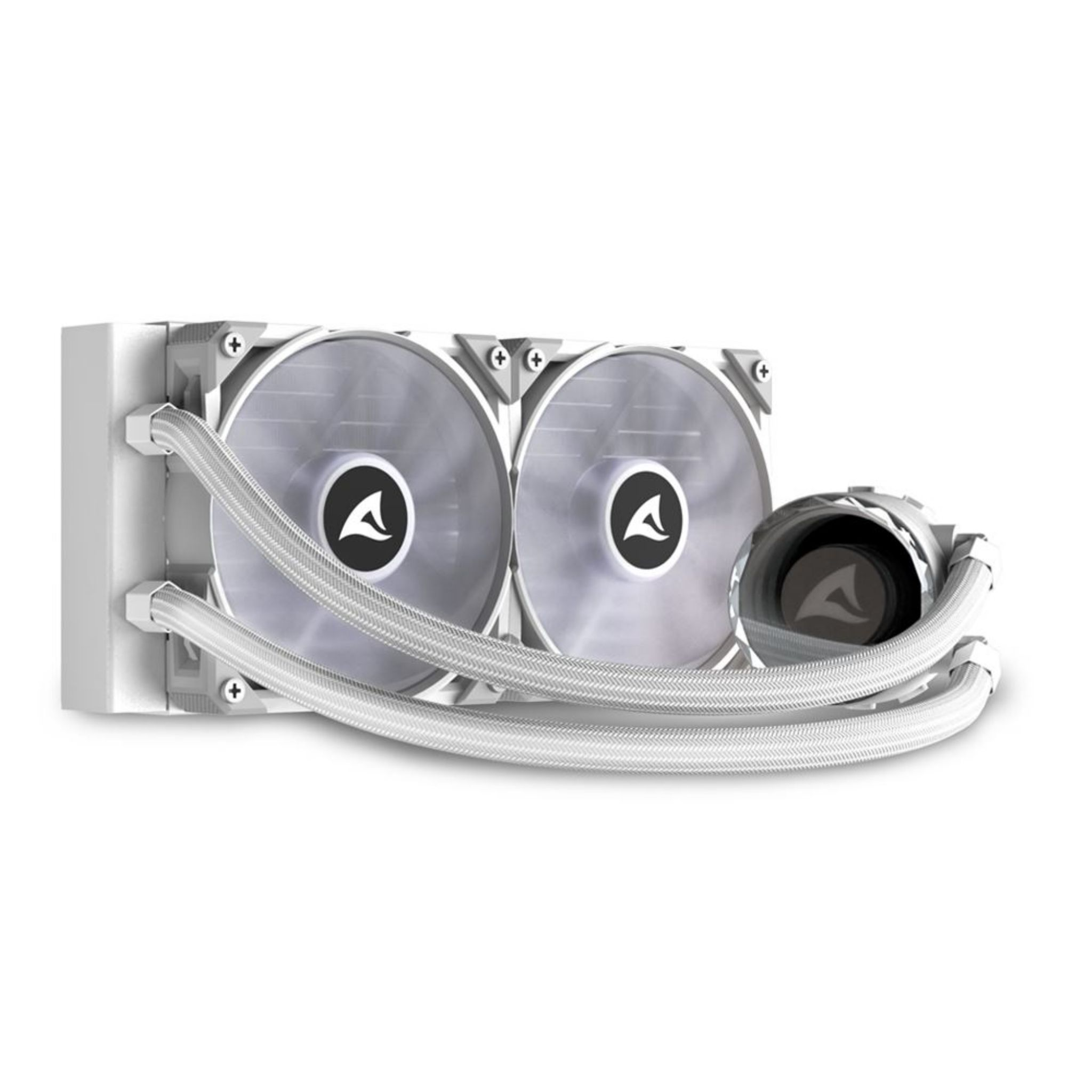 Un enfriador líquido blanco con dos ventiladores. Los ventiladores tienen el logotipo del fabricante.