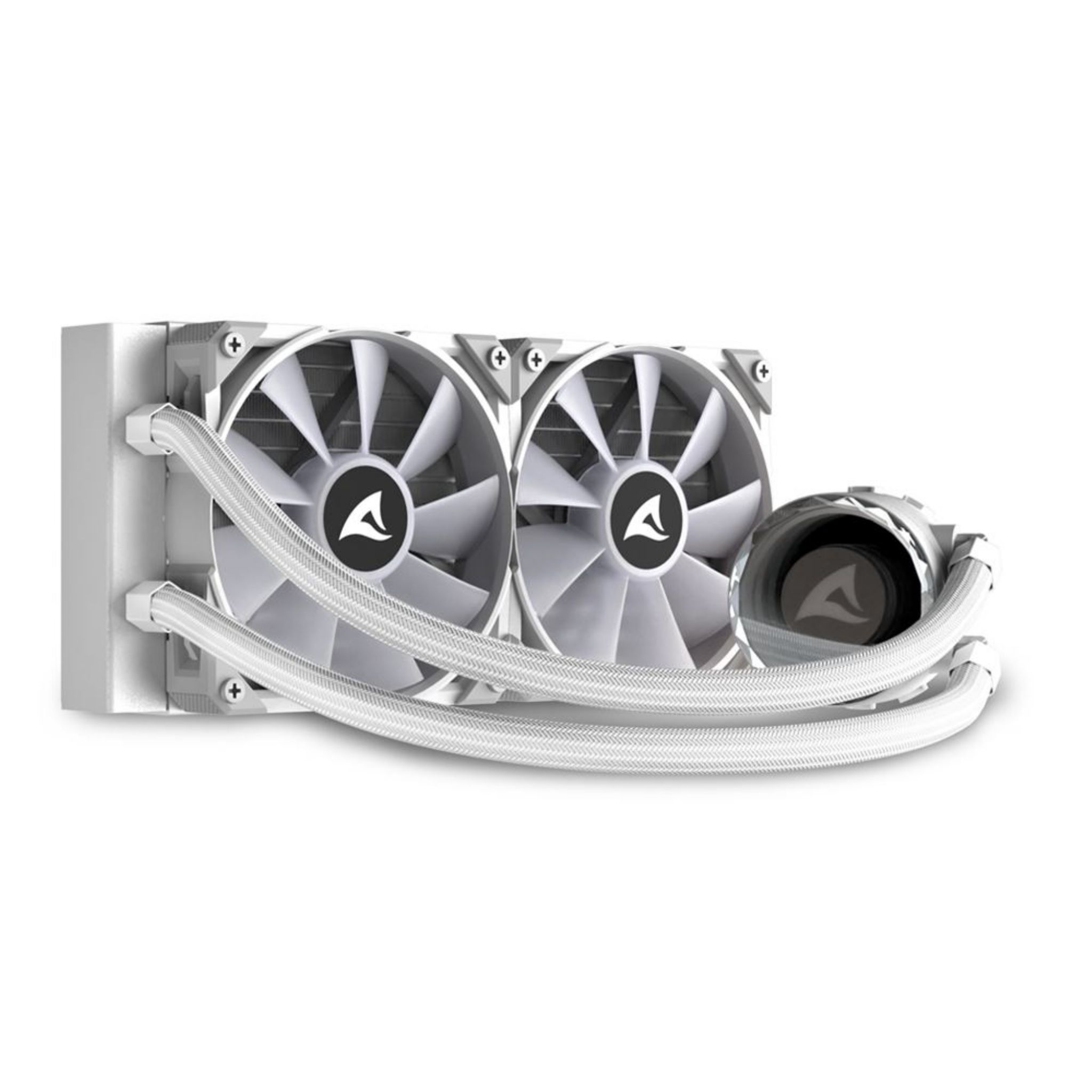 Sistema de refrigeración para ordenador blanco con dos ventiladores y una bomba. Sobre un fondo blanco.