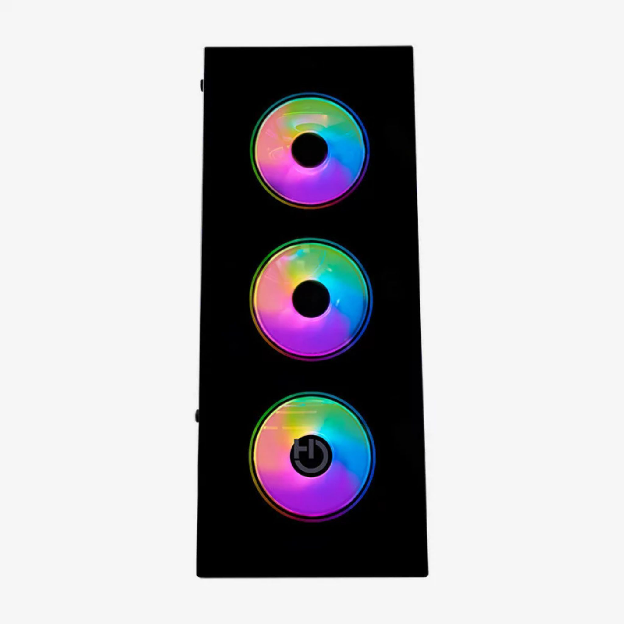 Case nero per computer con tre ventole RGB circolari colorate.