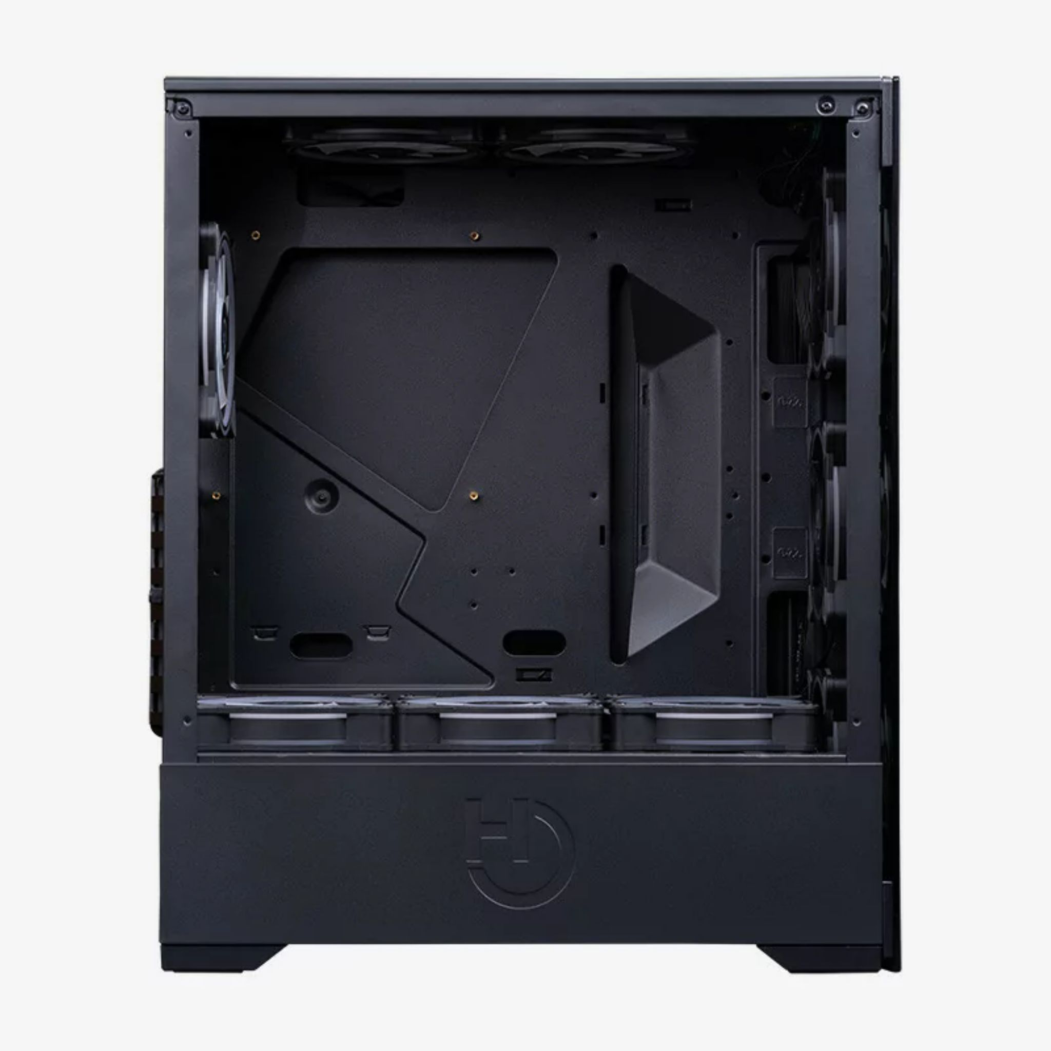 Case computer nero, vista interna. L'interno è nero. Parte posteriore con ventola e logo in basso.