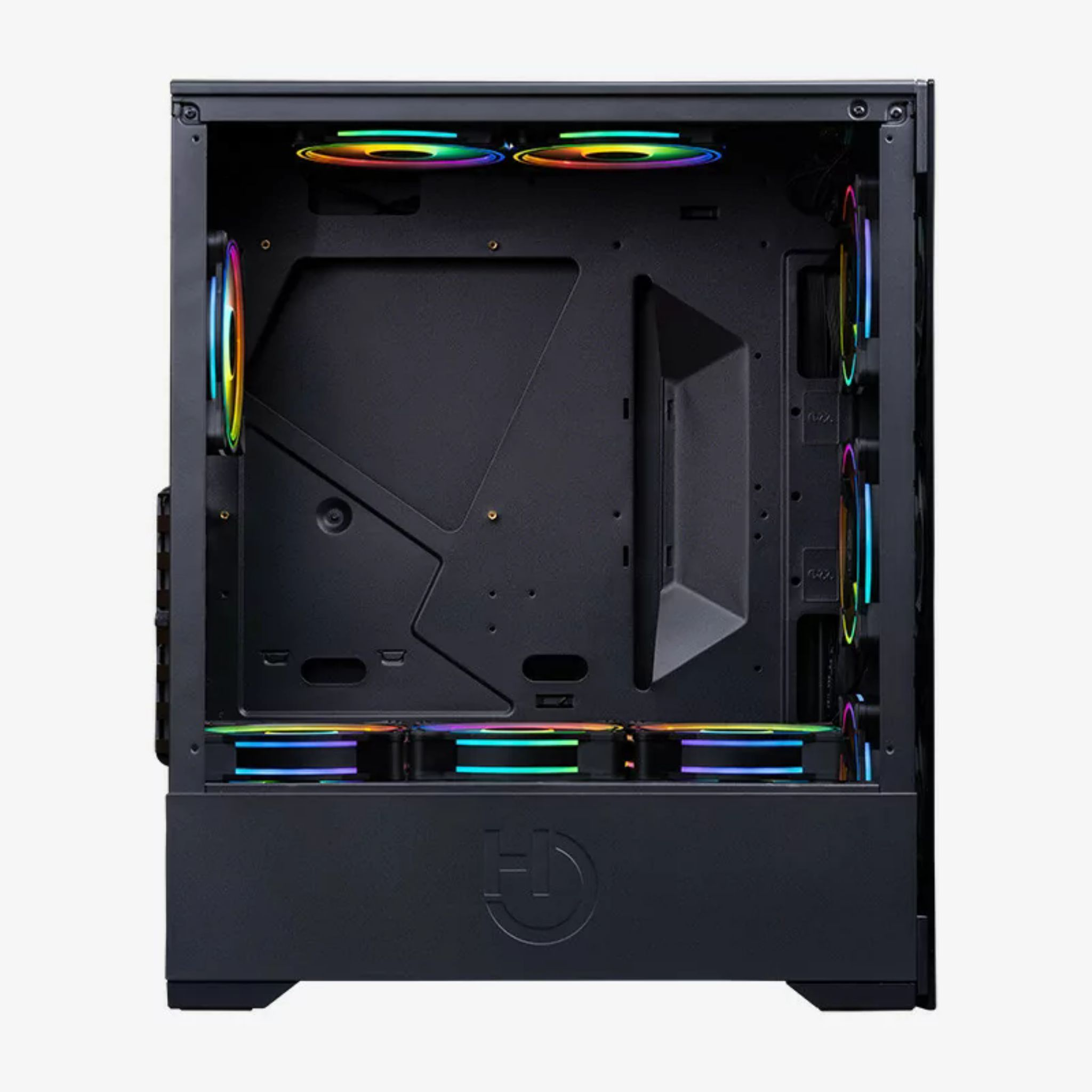 Interno di un case per computer nero con multiple ventole colorate, che mostrano i componenti interni.