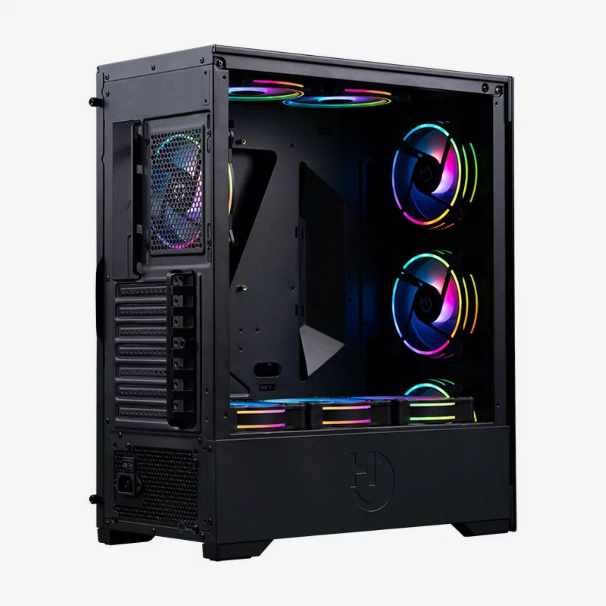 Case per computer nero con ventole e componenti visibili all'interno.