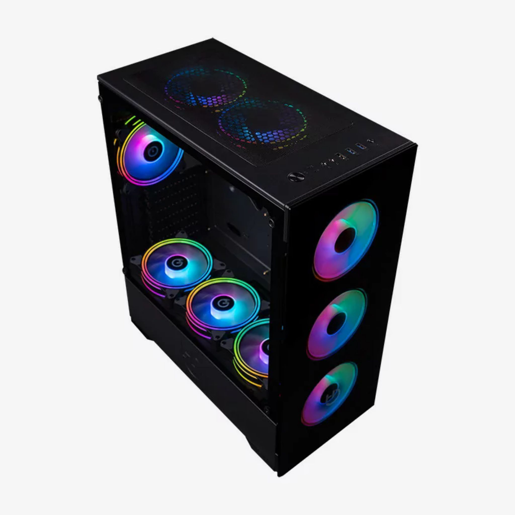 Case PC nero con ventole RGB. Le ventole si illuminano in vari colori.
