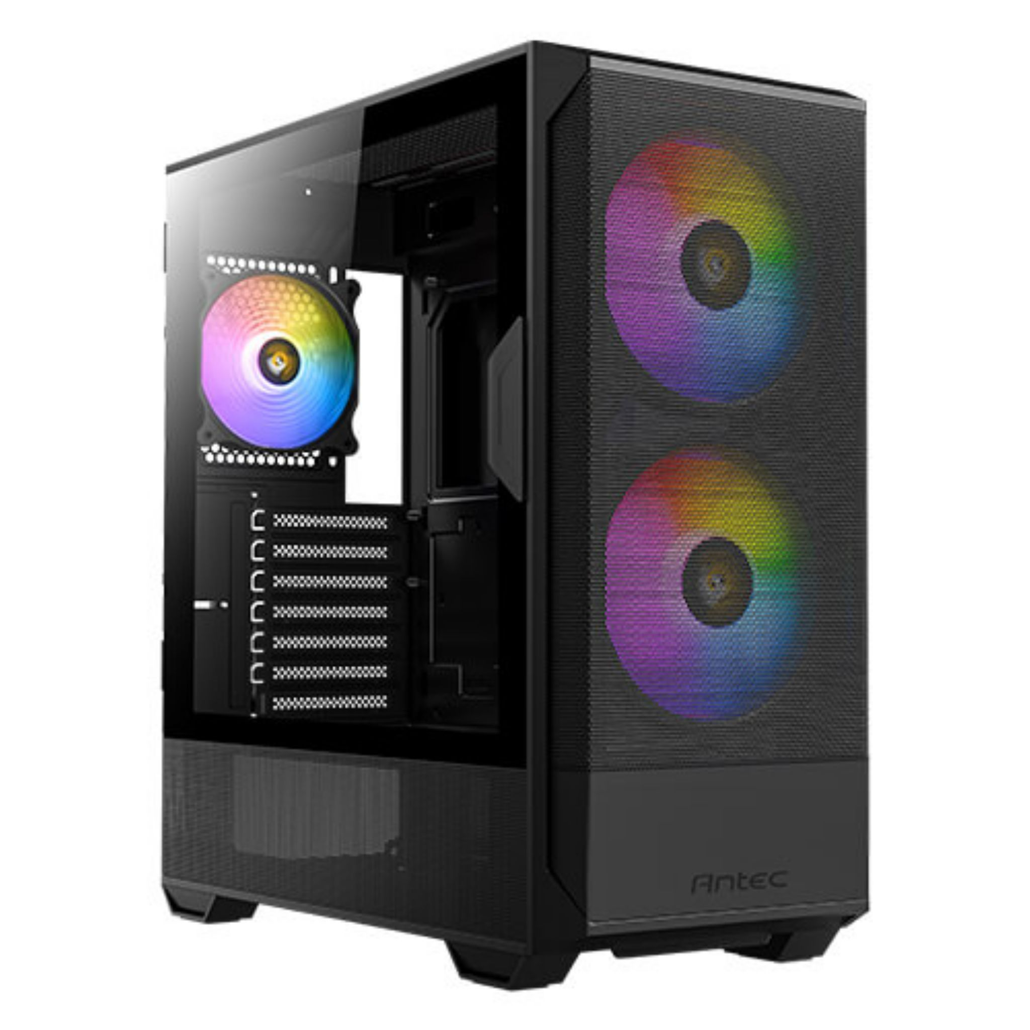 Een computerkast met RGB-ventilatoren. De kast is zwart met een glazen zijpaneel.