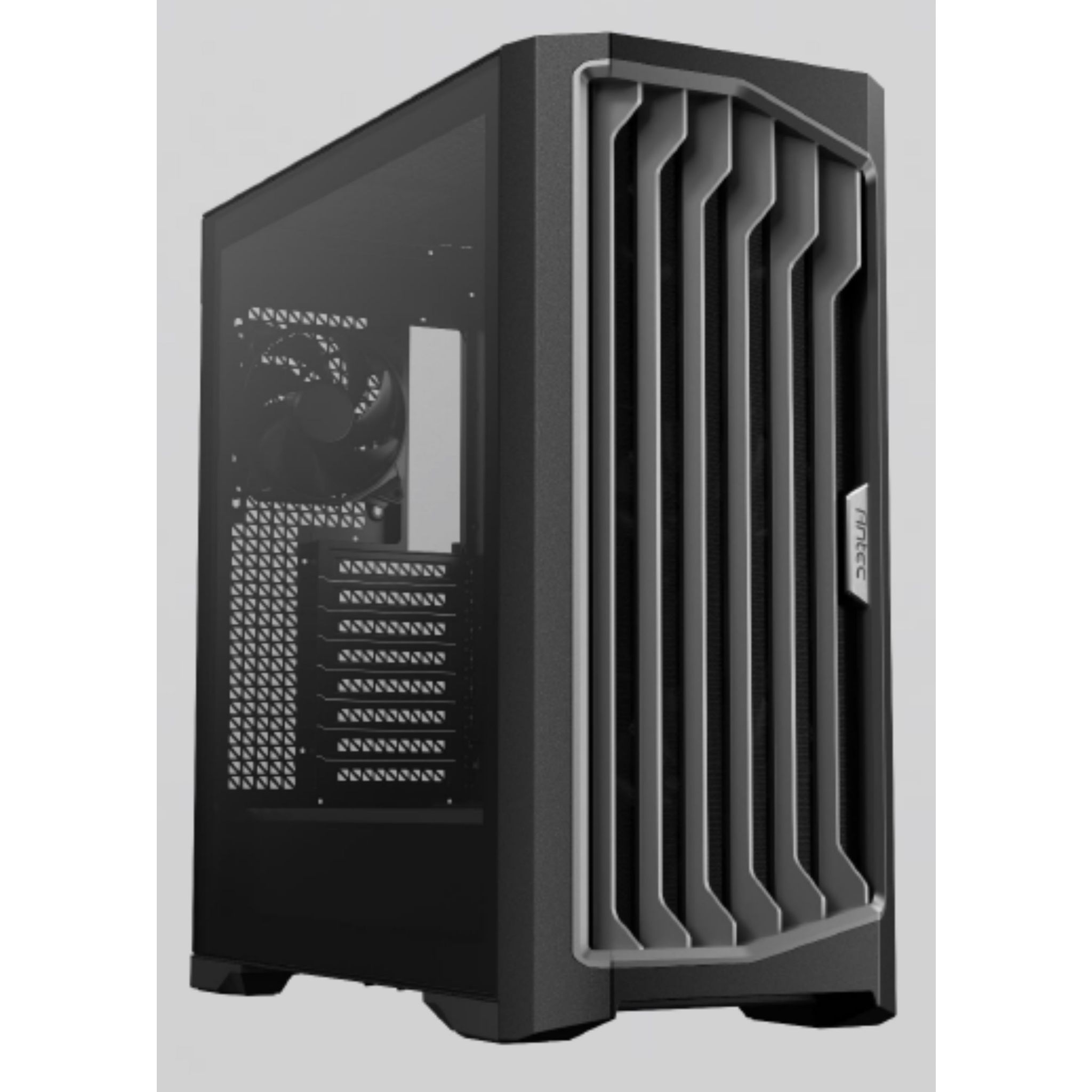 Case per computer, grigio e nero, su sfondo bianco.
