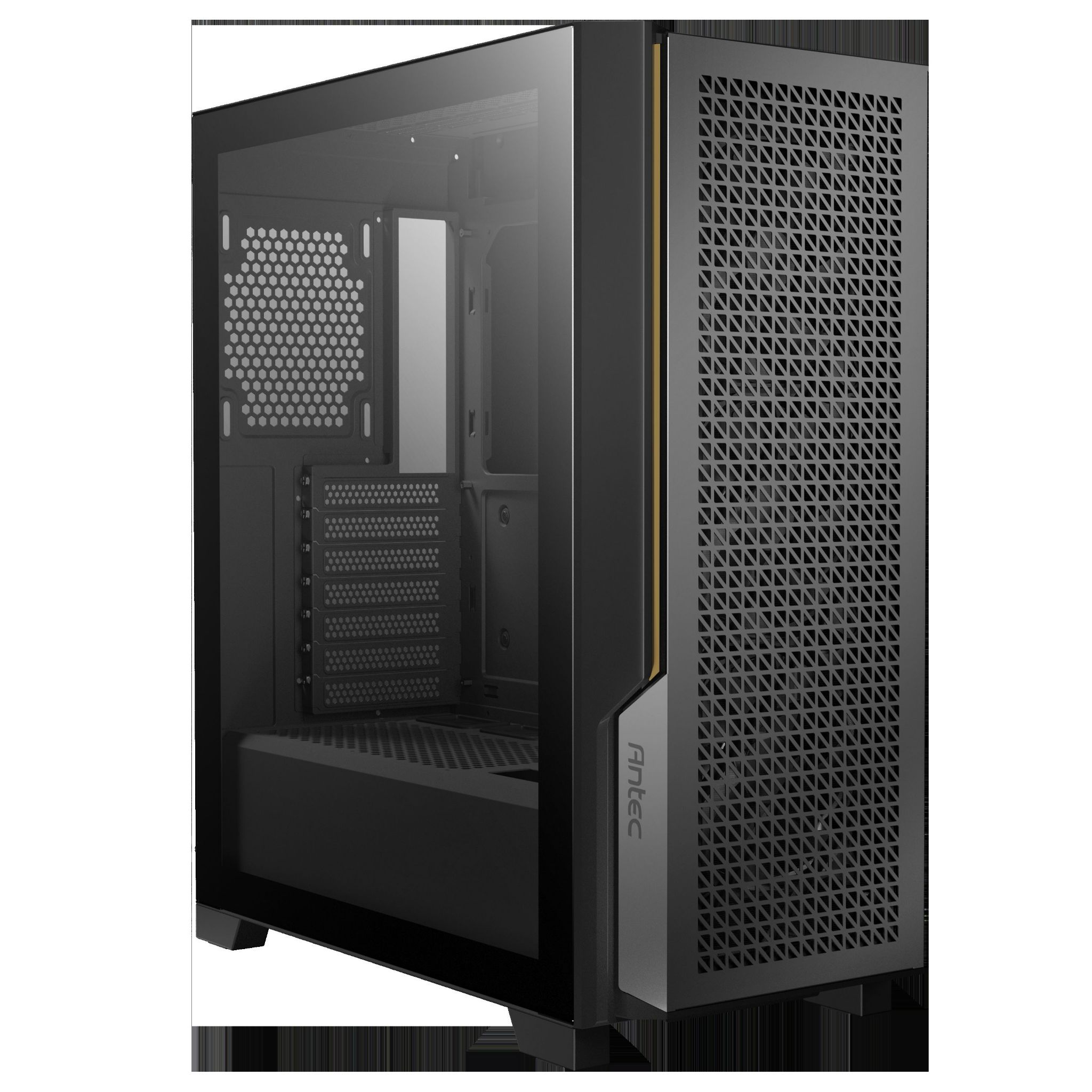 Case per computer con pannello laterale in vetro e frontale nero perforato.