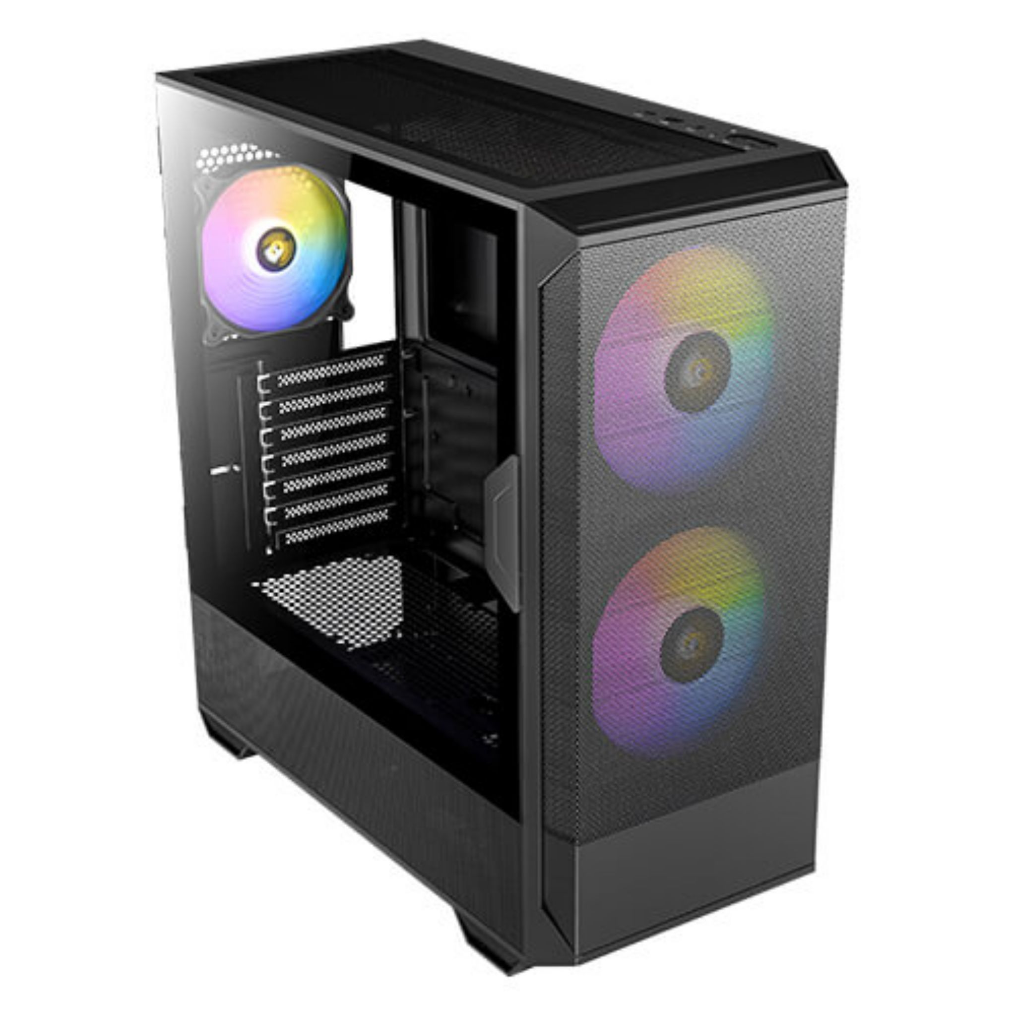 Een zwarte computerkast met glazen zijpanelen. Het heeft ventilatoren met kleurrijke lichten en een modern design.