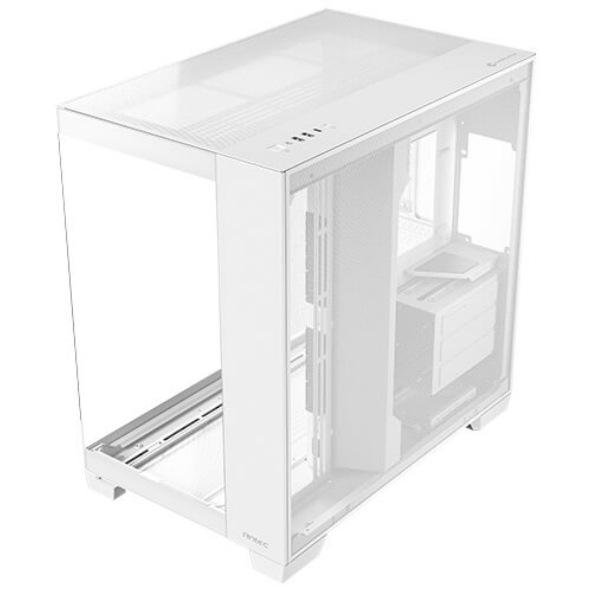 A white computer case with a transparent glass side panel. It has a clean, modern design.