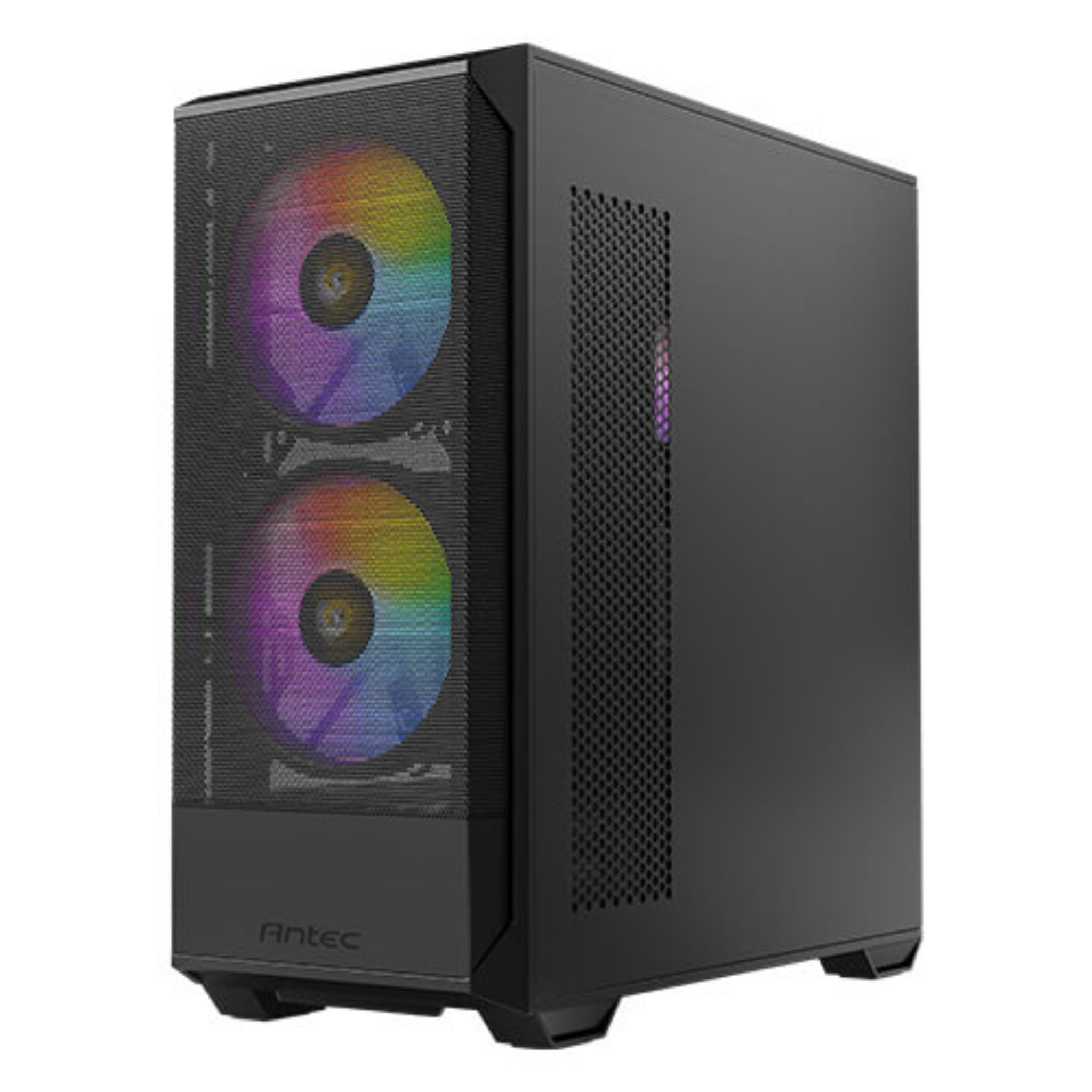 Zwarte computerkast. Twee ventilatoren met kleurrijke lichten. 'Antec' merknaam onderaan.