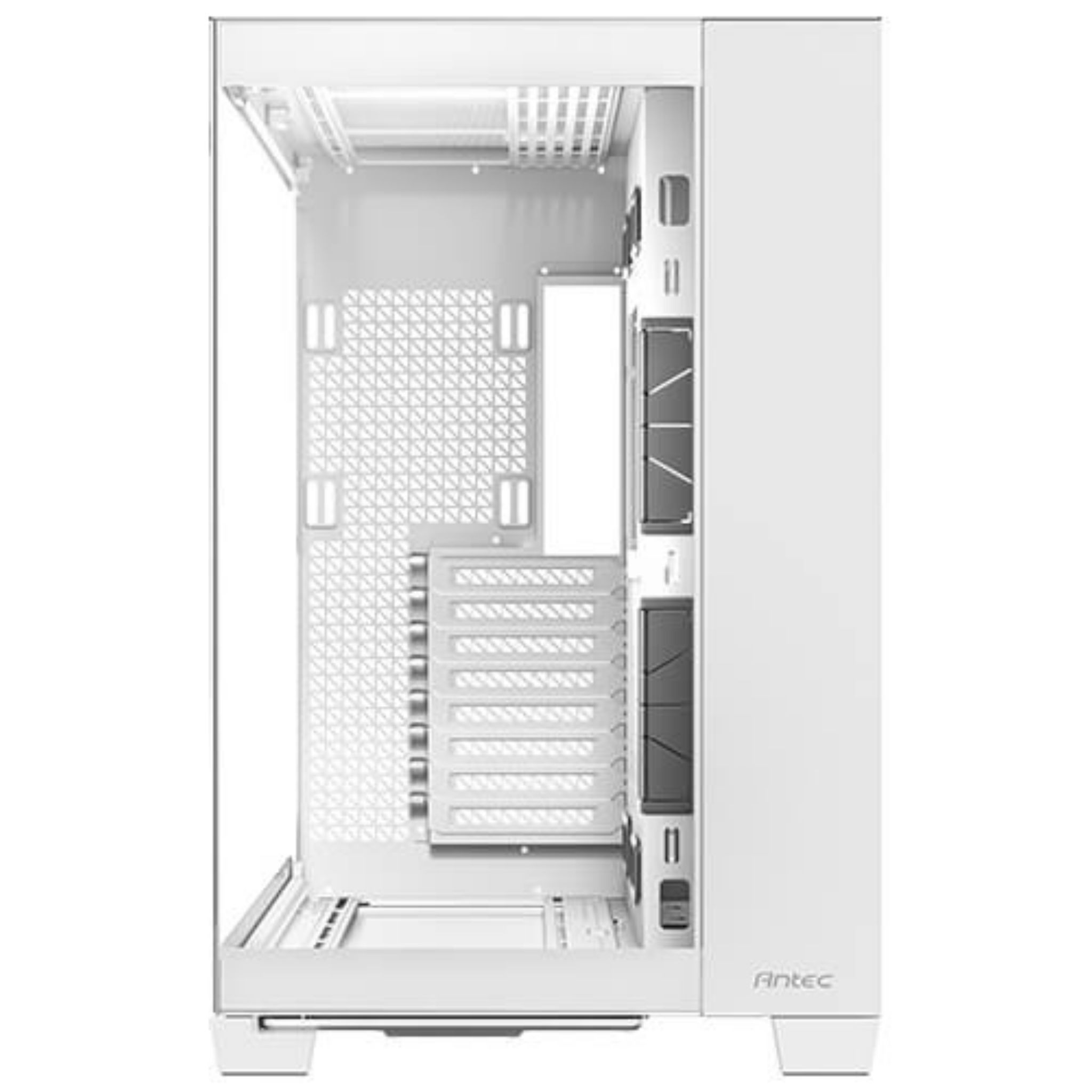 White computer case with glass side panel. Shows internal structure. Antec logo on the bottom.