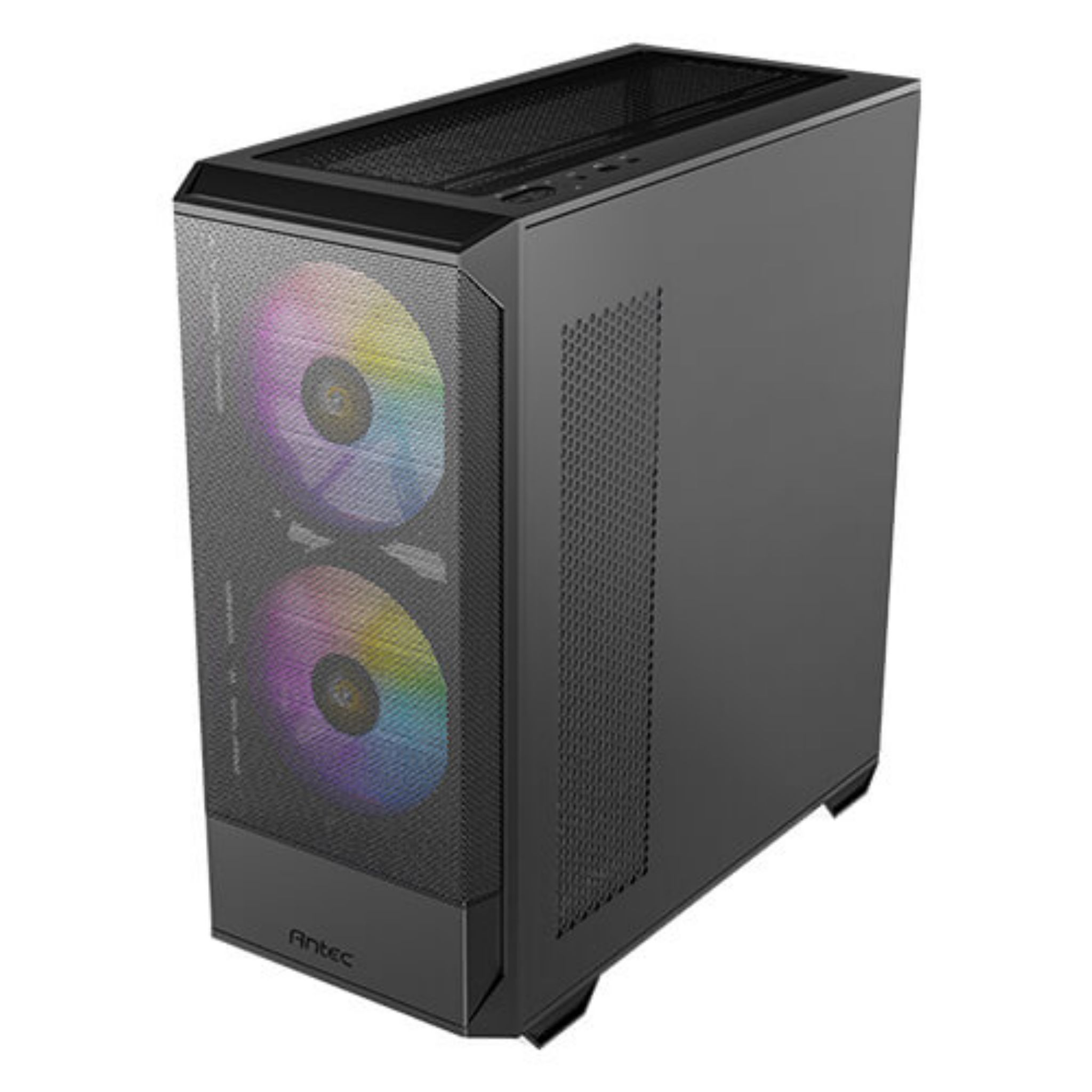 Zwarte computerkast met RGB-ventilatoren, perspectiefweergave.