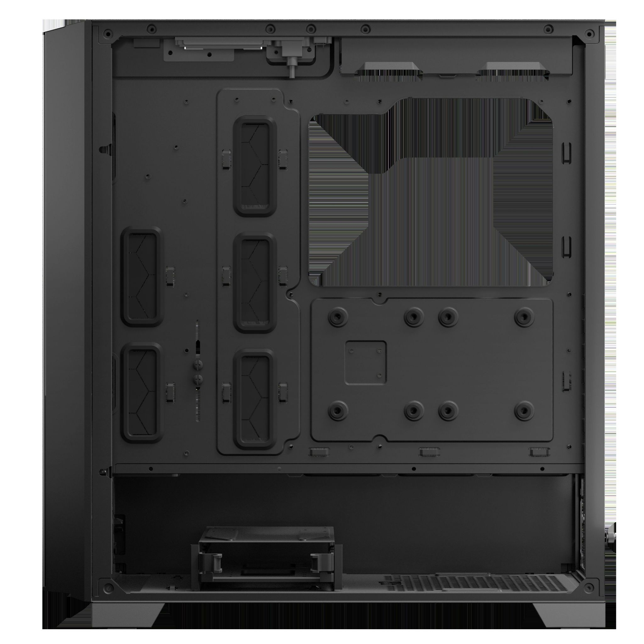 Interno di un case per computer nero, con vari punti di montaggio.