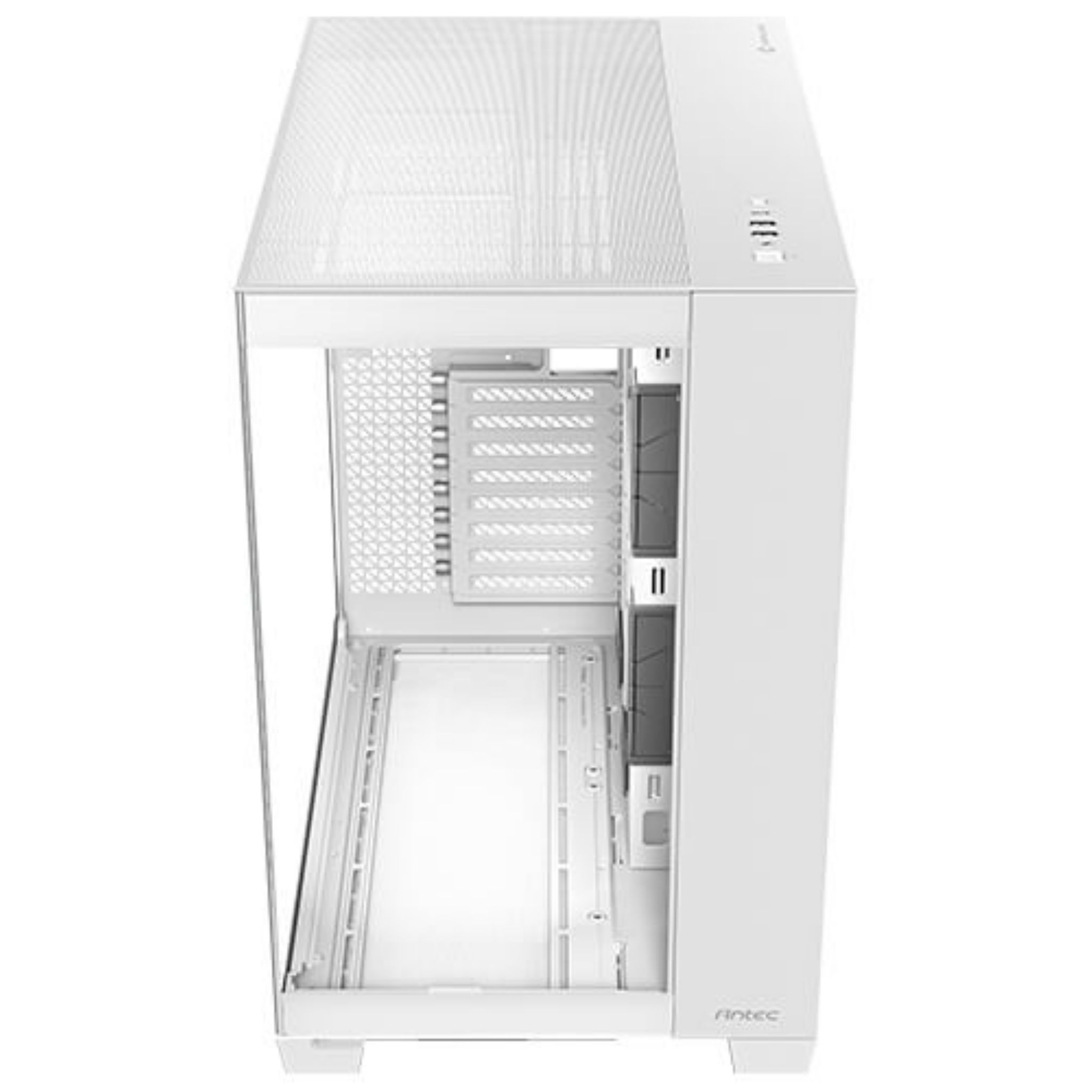 White computer case, side view, with glass panels and a view of the interior components.