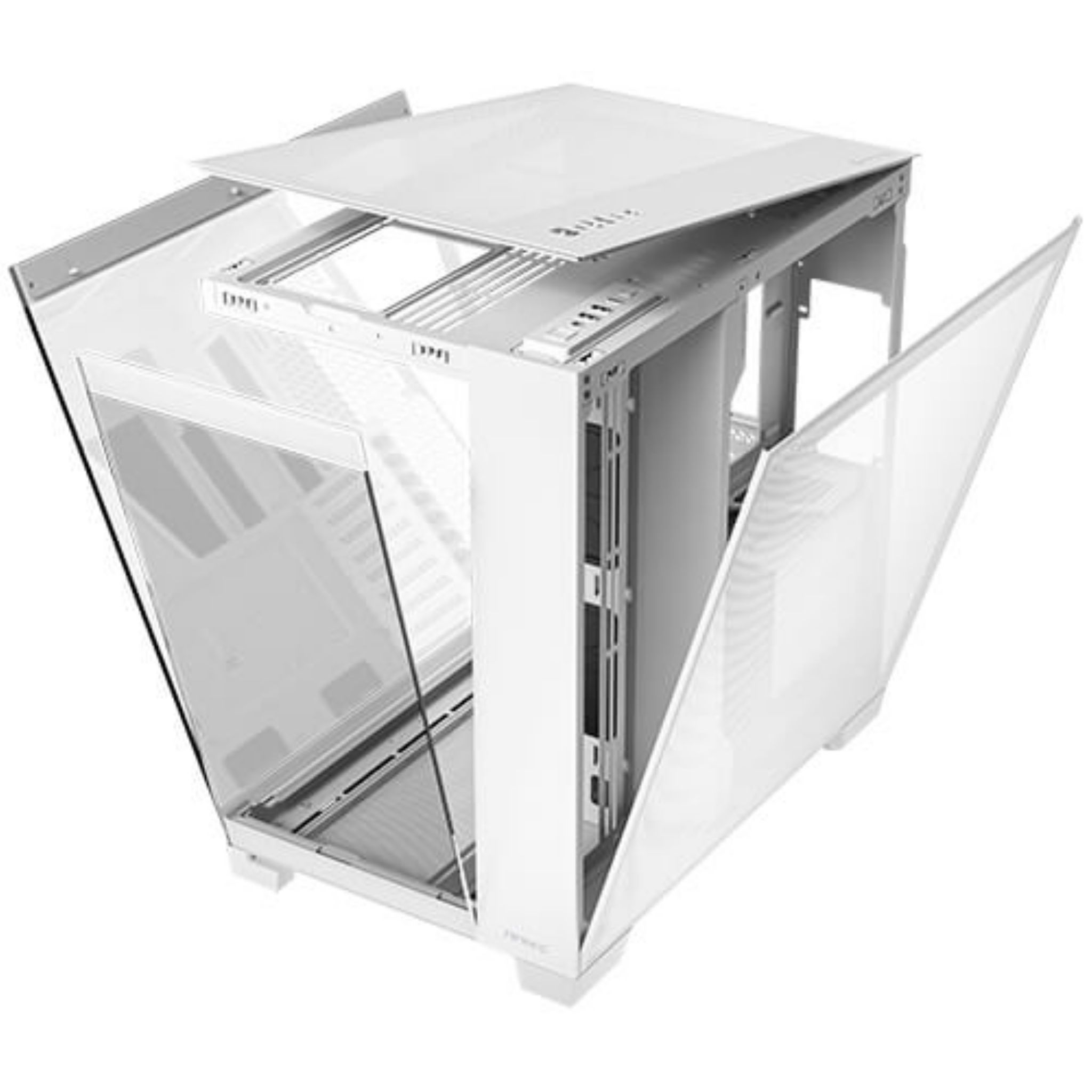 White computer case, open. Glass and metal design.