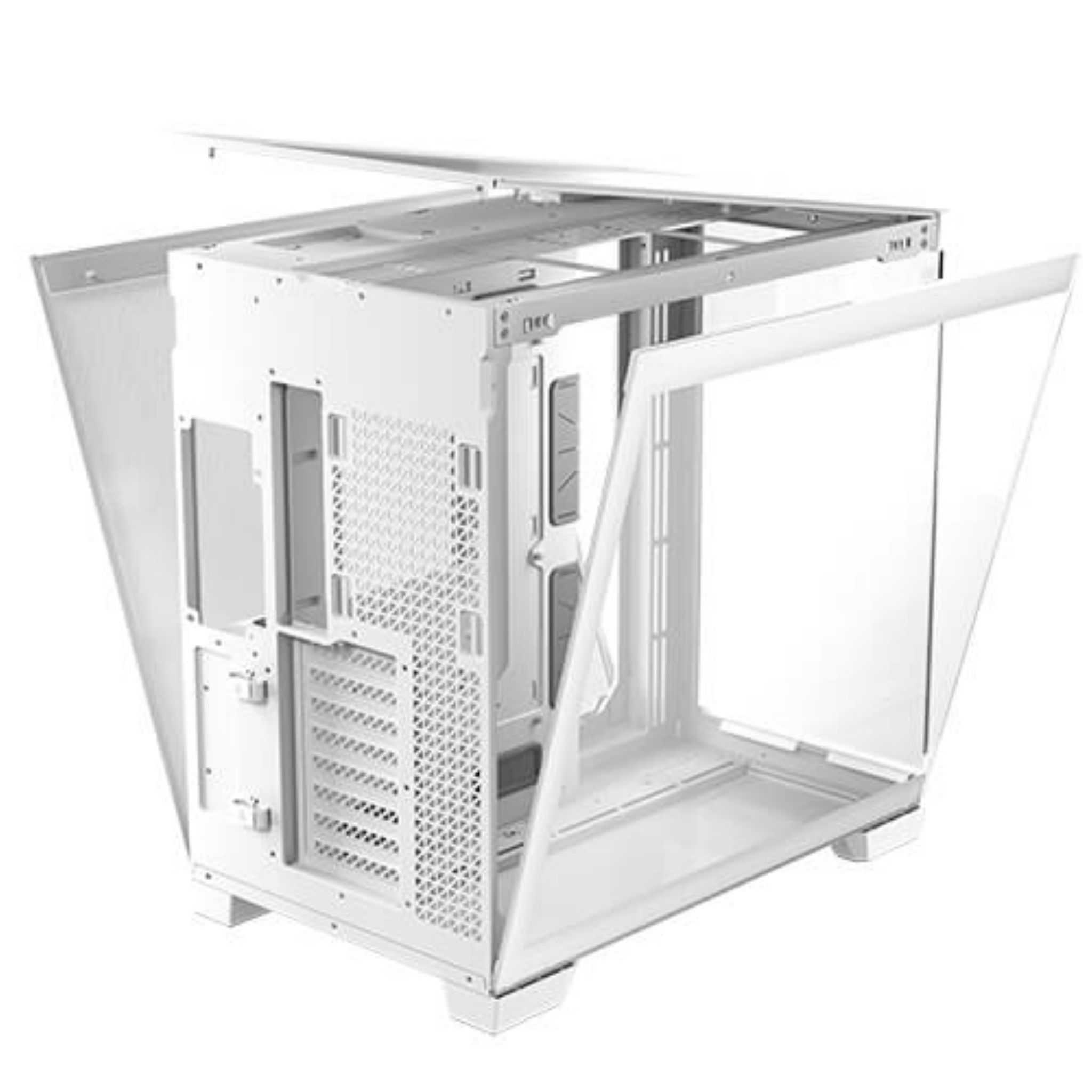 A white computer case, partially open. Shows the internal components and the clear side panels.