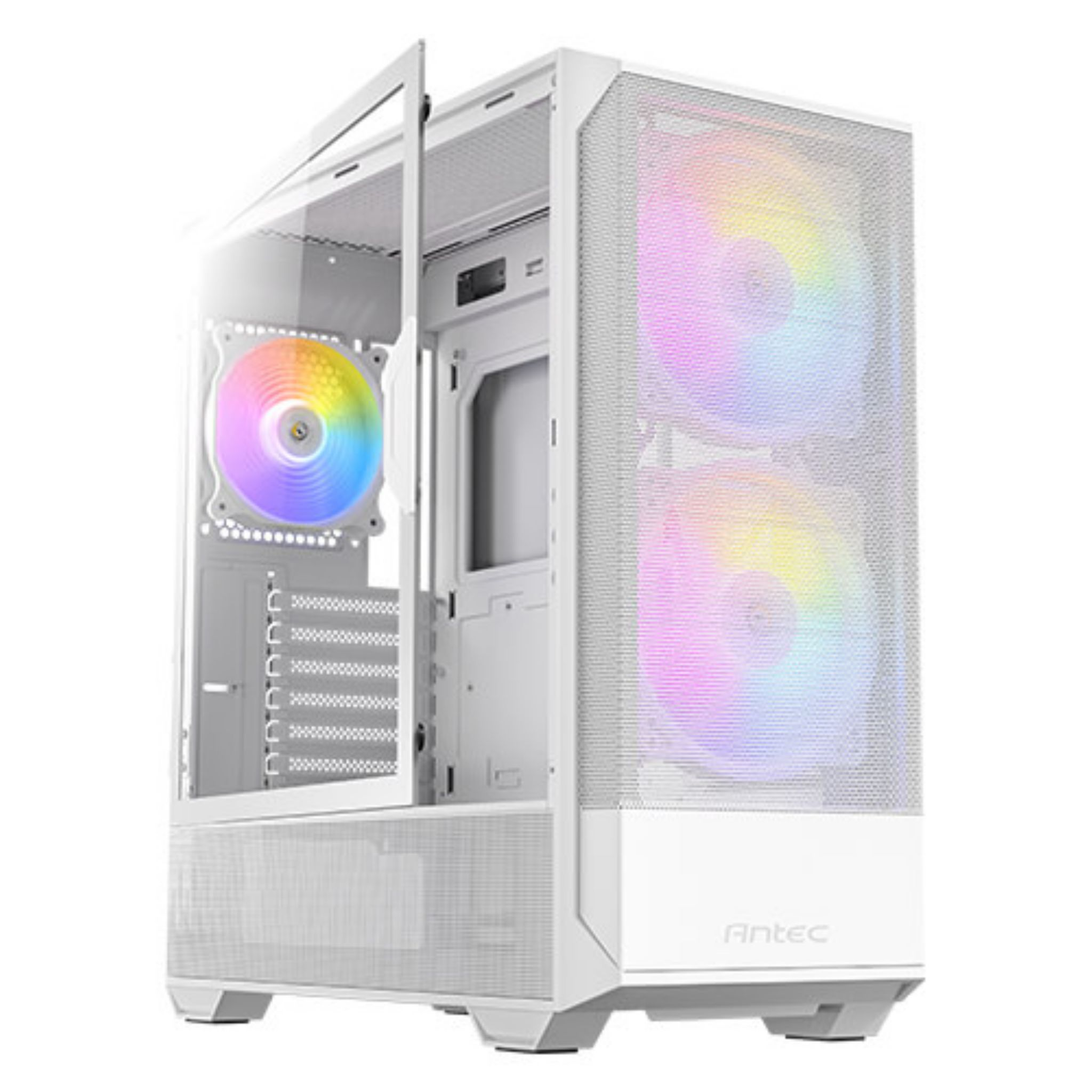 Een witte computerkast met open zijpaneel, met kleurrijke ventilatoren en interne componenten.