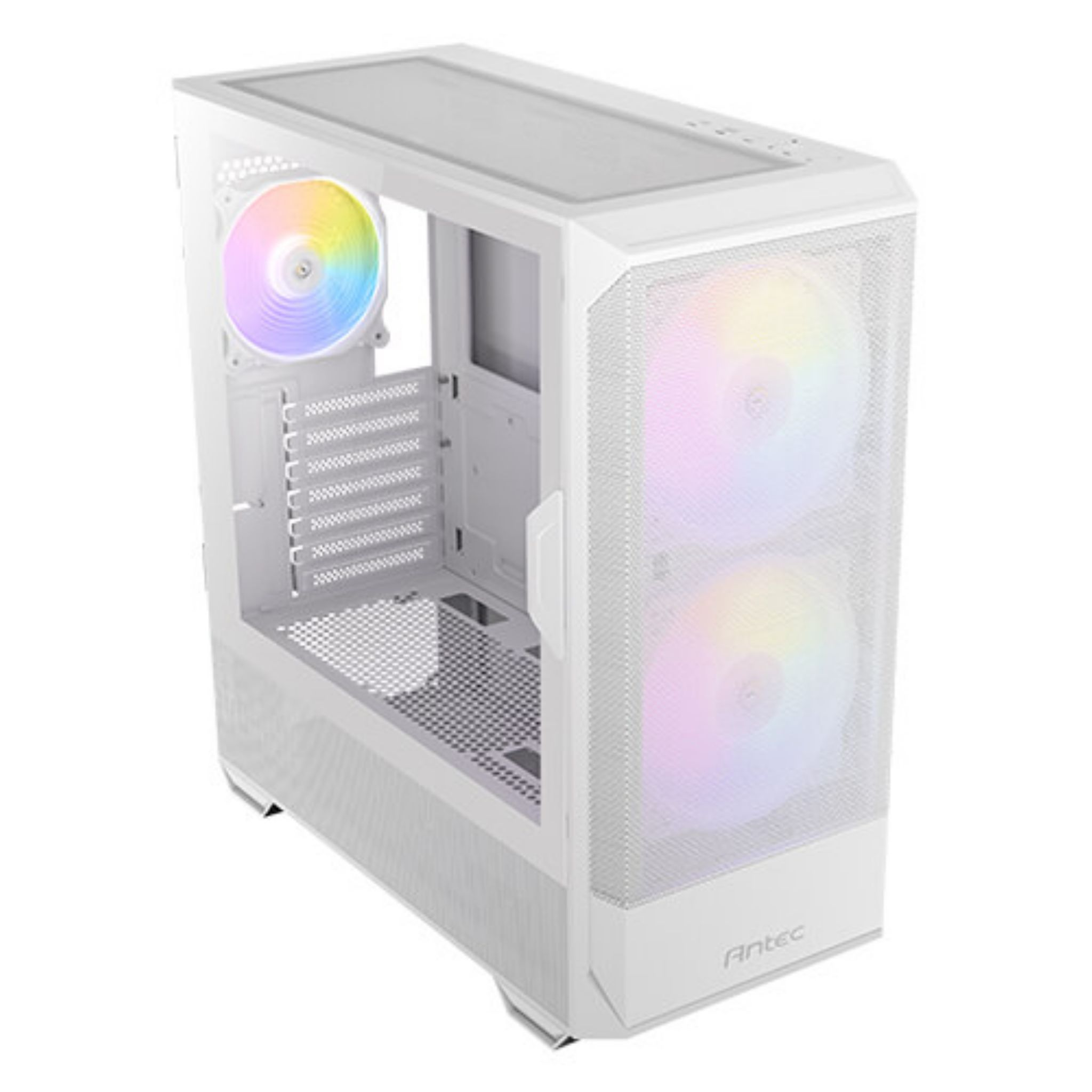 Een witte computerkast met regenboogkleurige ventilatoren binnenin.
