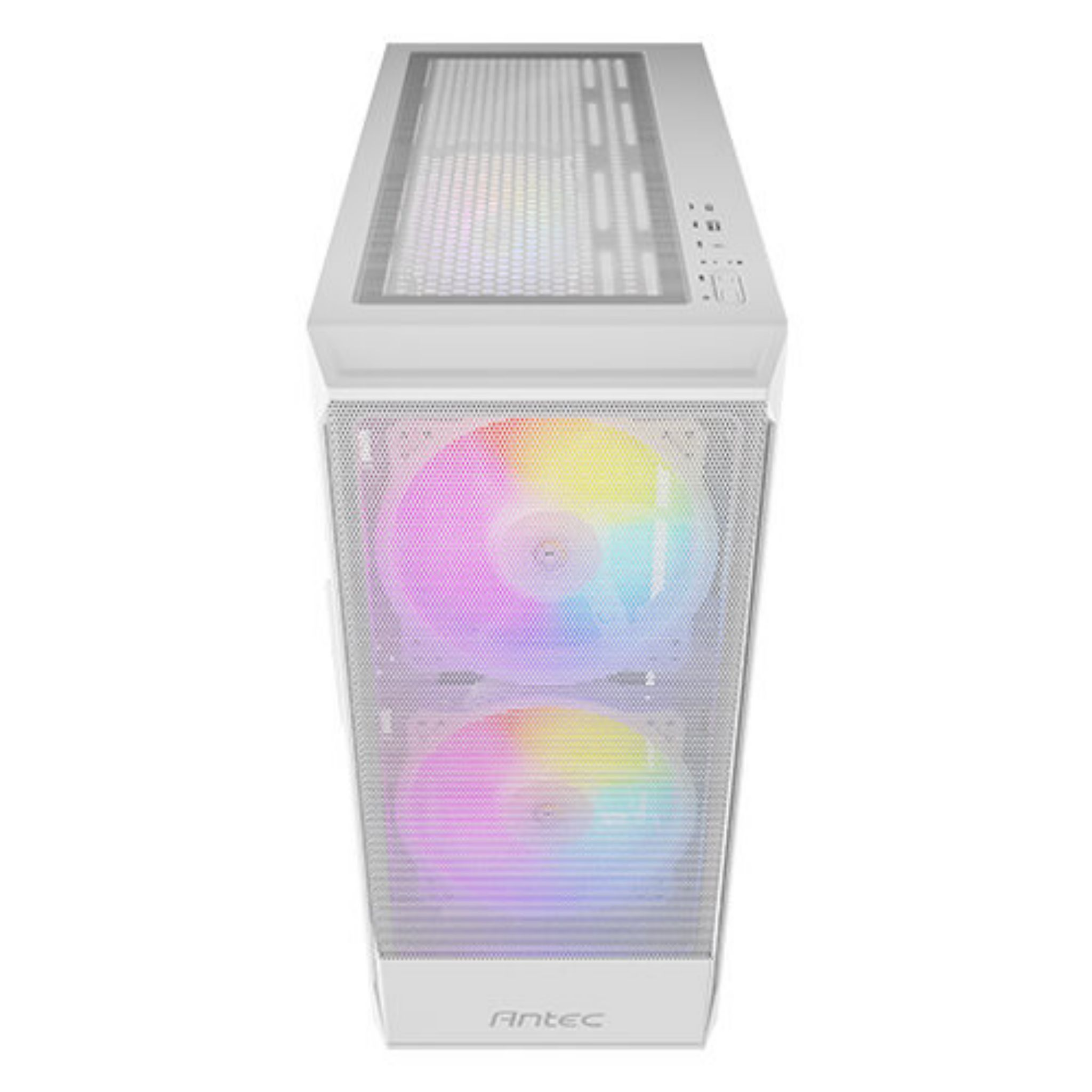 Witte computerkast, bovenaanzicht. Mesh bovenkant met kleurrijke ventilatoren. Woord ANTEC is zichtbaar.