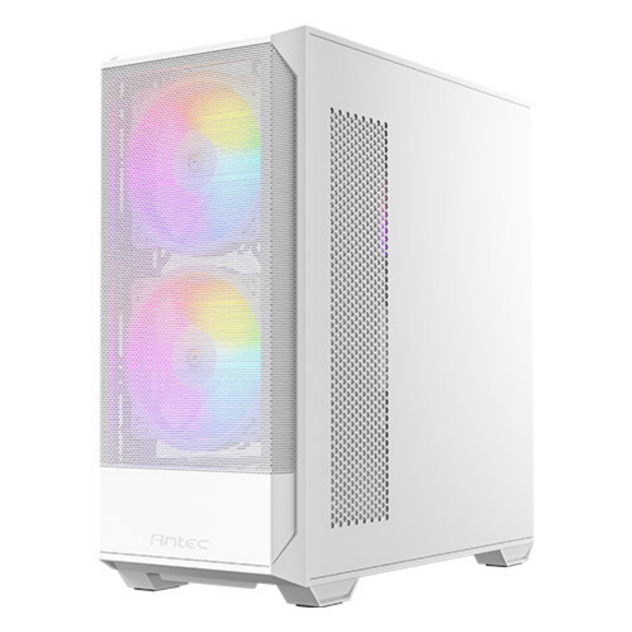 Een witte computerkast met twee ventilatoren met regenbooglichten. De voorkant heeft een mesh en het Antec-logo.