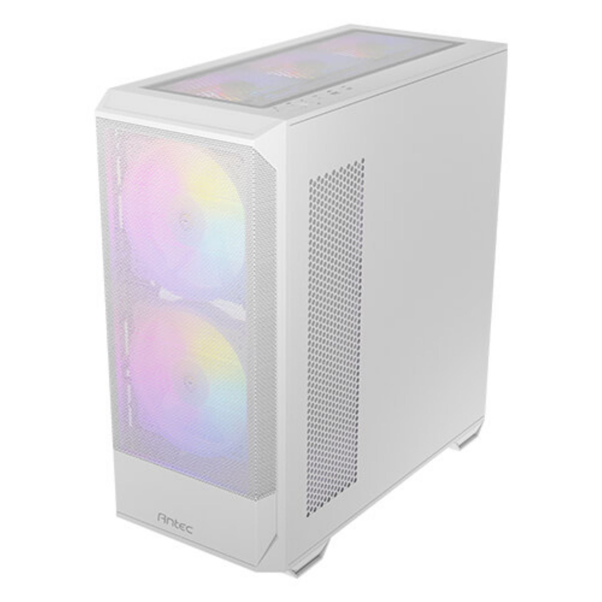 Witte computerkast met regenboogkleurige ventilatoren zichtbaar door het mesh voorpaneel.