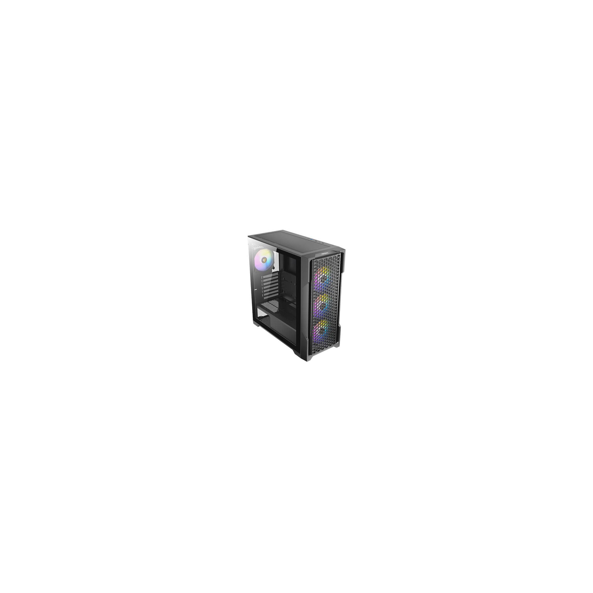 Black computer case with a glass side panel and colorful LED lights.