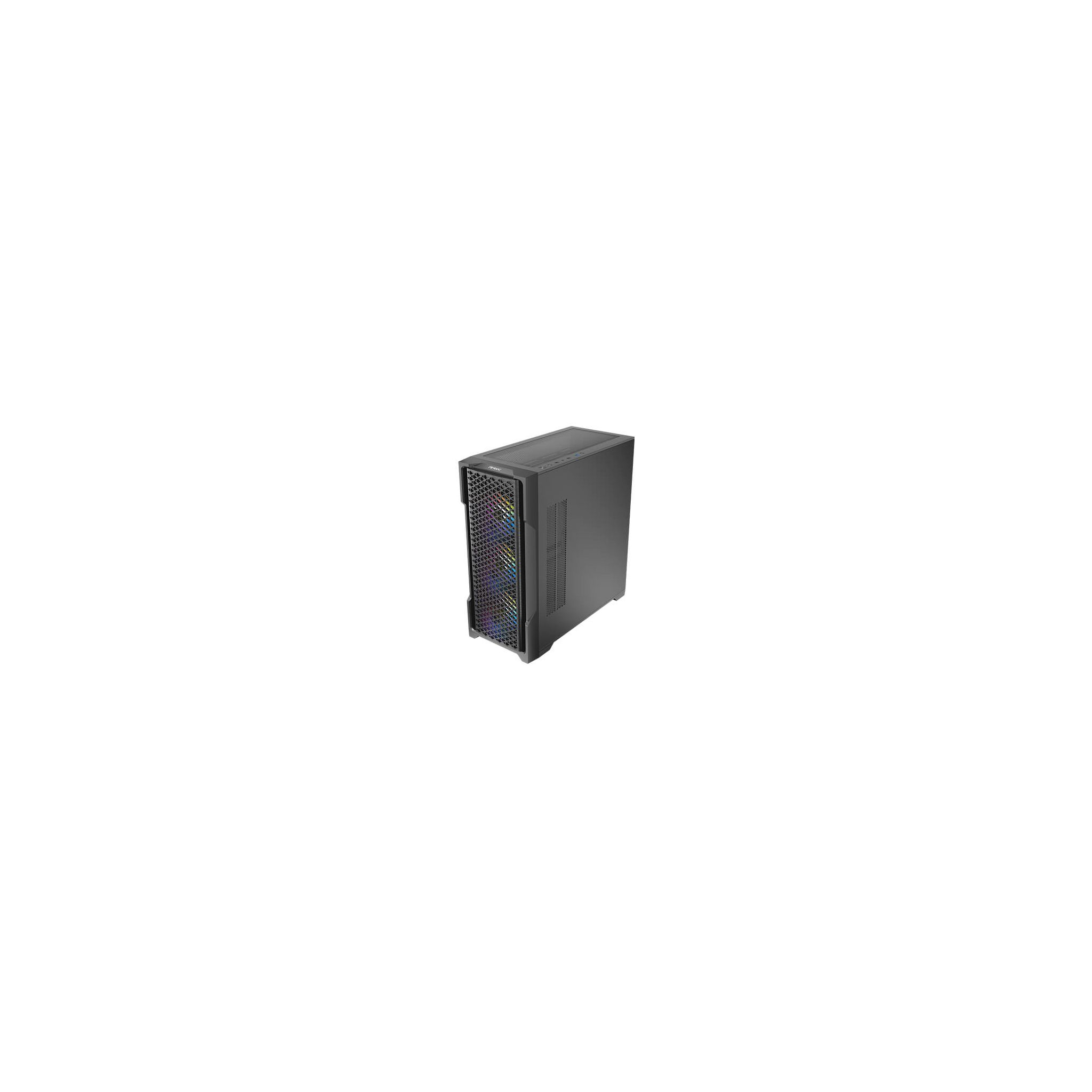 A black computer case, from the side, empty inside. The front has a mesh design.