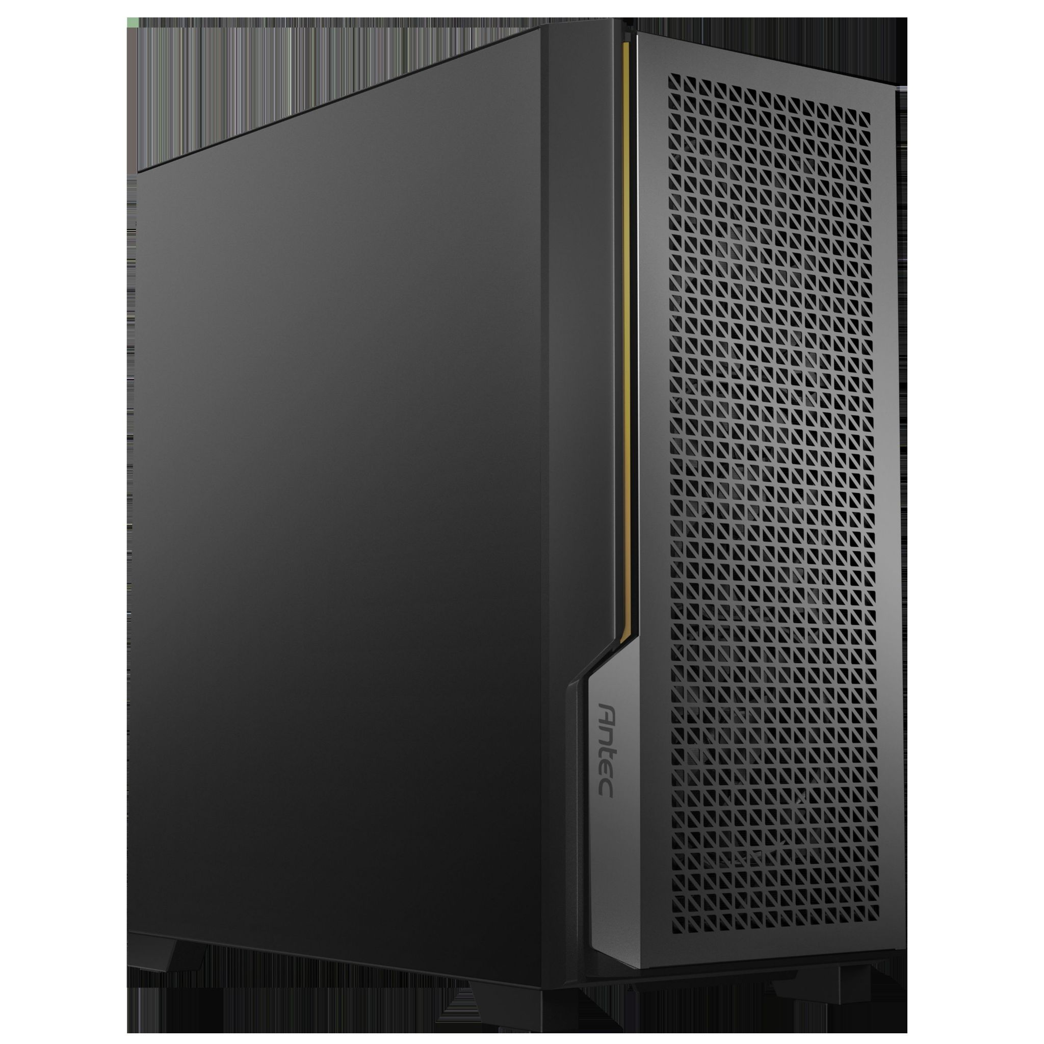 Black computer case with a mesh front panel and a yellow accent.