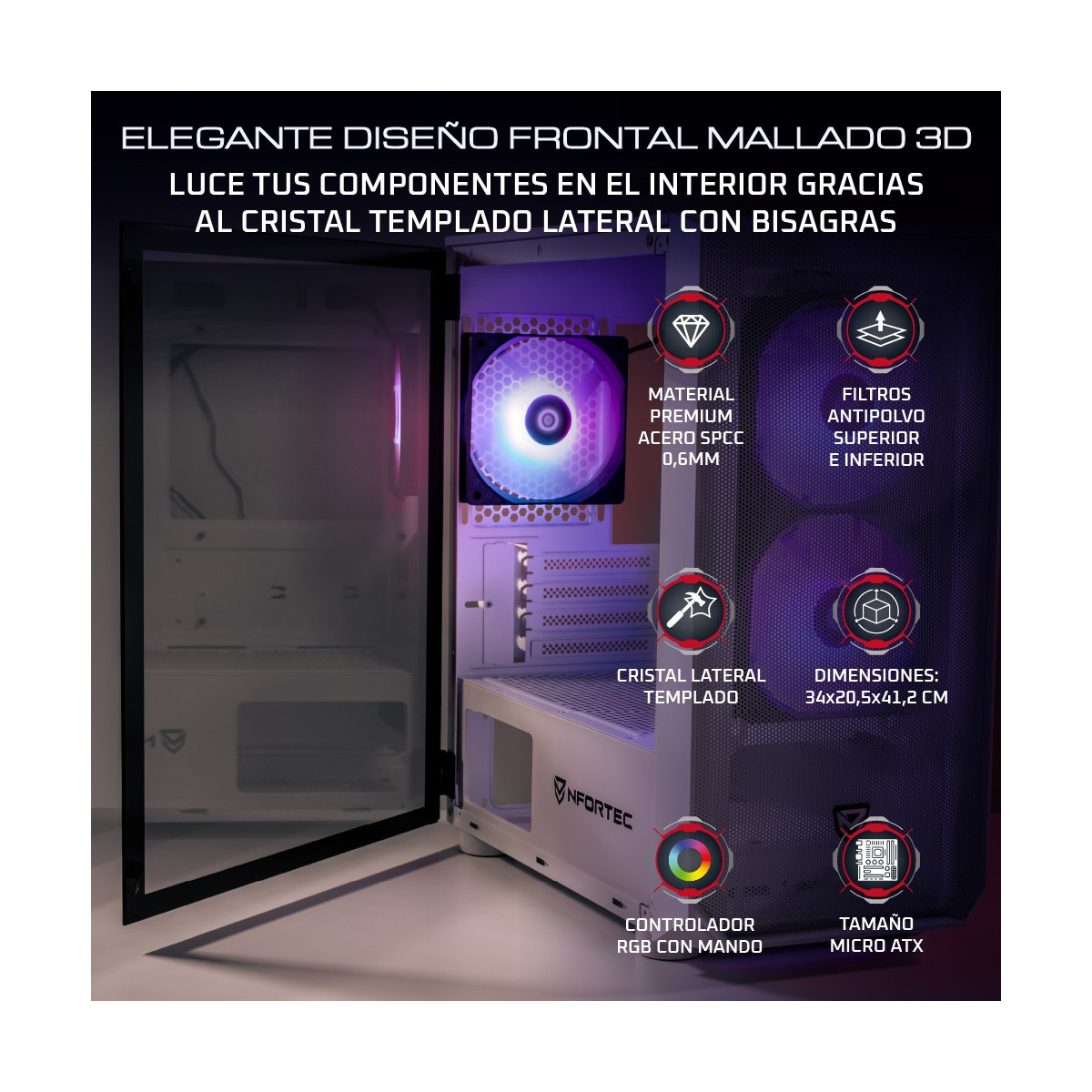 Case del computer aperto, che mostra l'interno con ventola e testo.