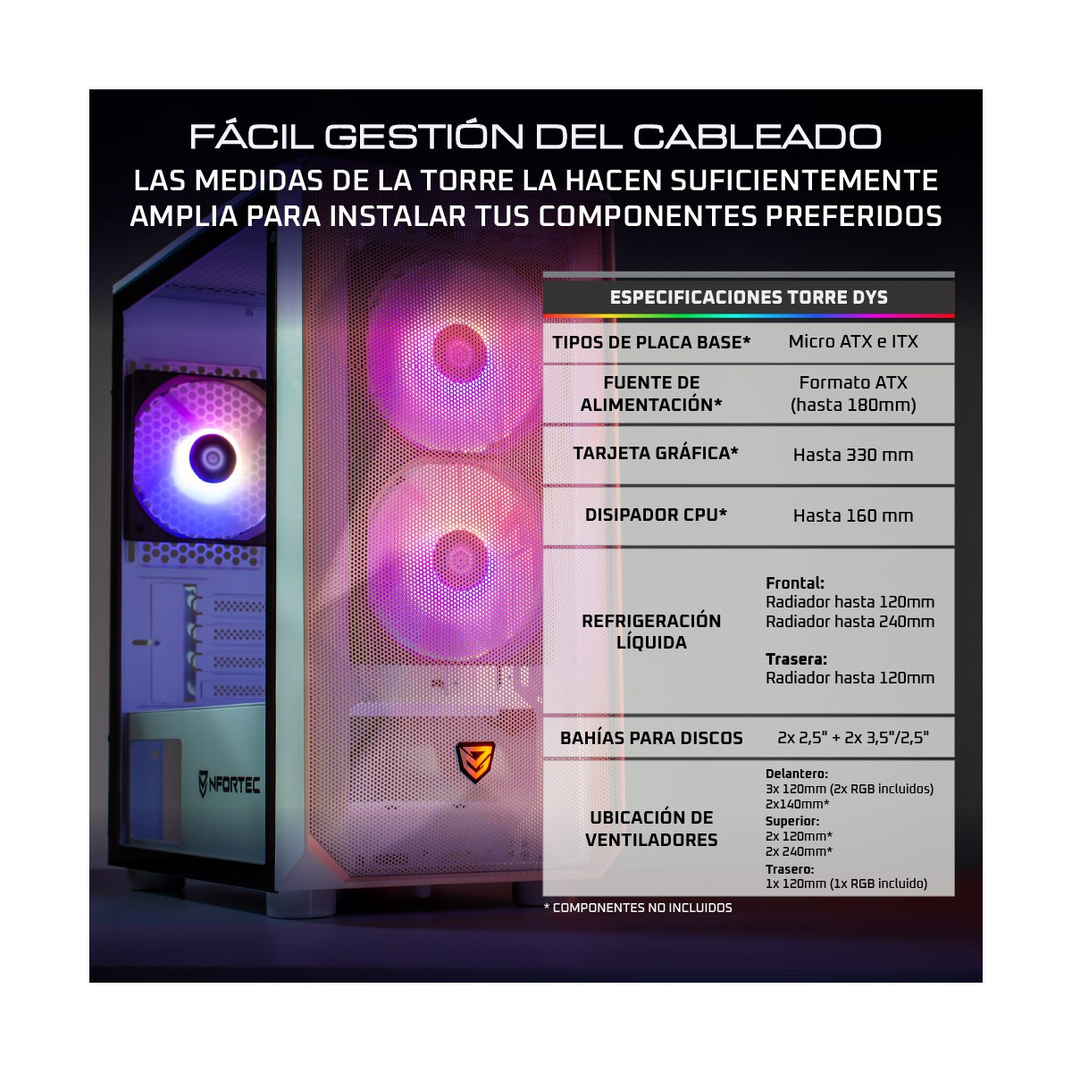Specifiche del case PC con tabelle e testo. Include informazioni sui componenti.