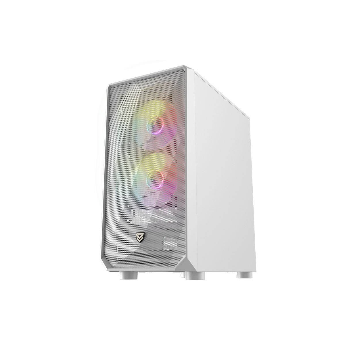 Case per computer bianco con frontale a rete e due ventole visibili. Luci RGB brillano. Isolato su bianco.